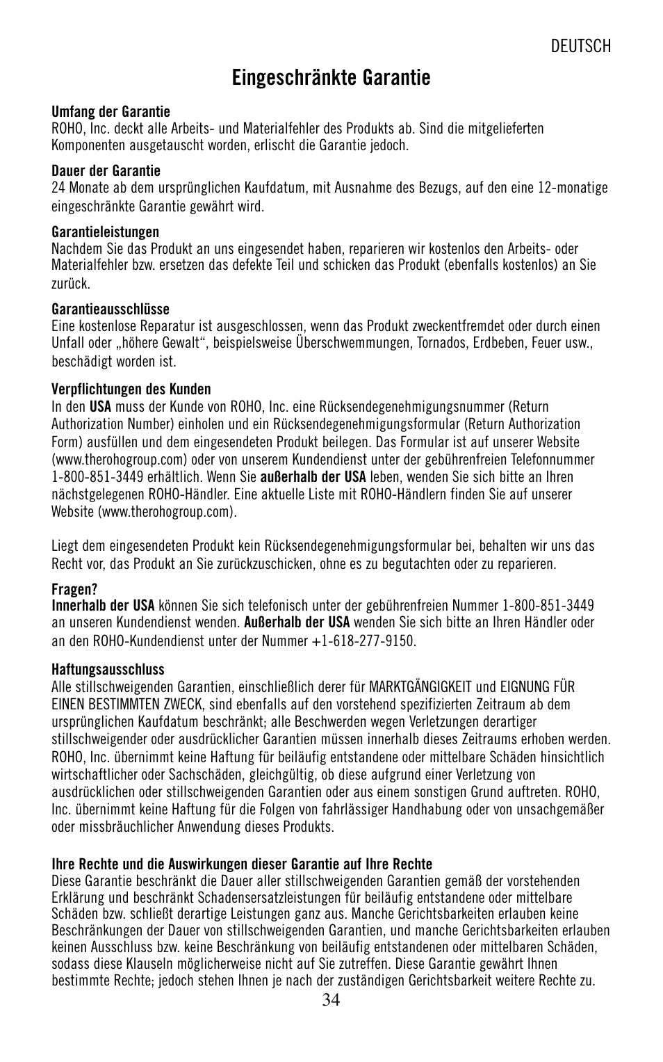 Eingeschränkte garantie, Deutsch | ROHO nexus SPIRI cushion User Manual | Page 35 / 92