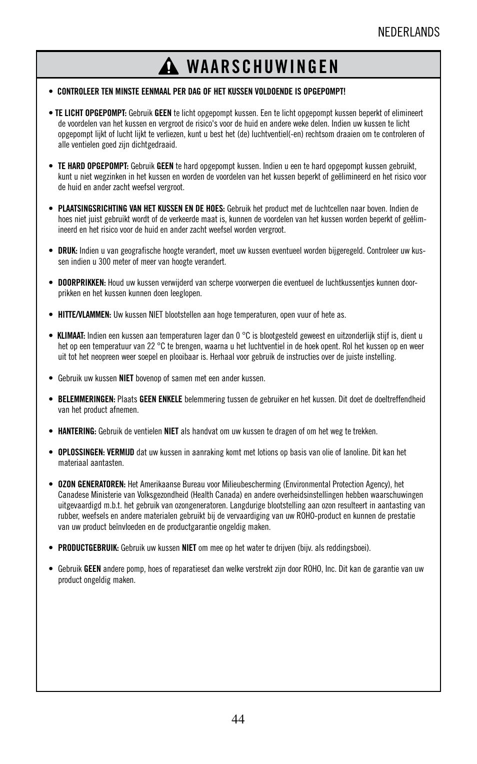 Waarschuwingen, Nederlands | ROHO nexus SPIRI cushion User Manual | Page 45 / 92