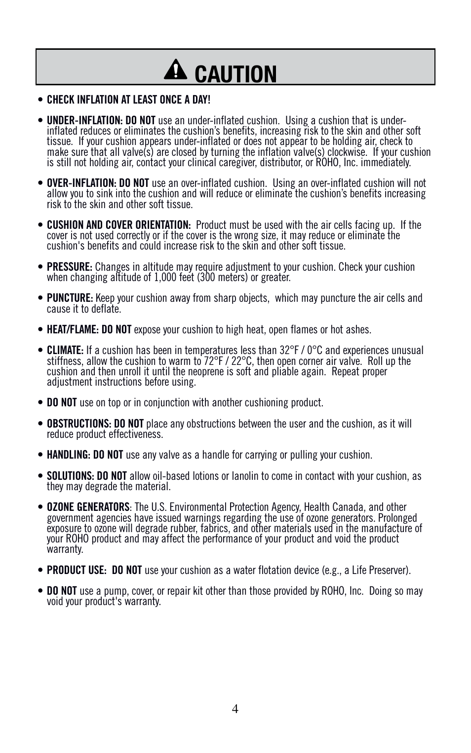 Caution | ROHO nexus SPIRI cushion User Manual | Page 5 / 92