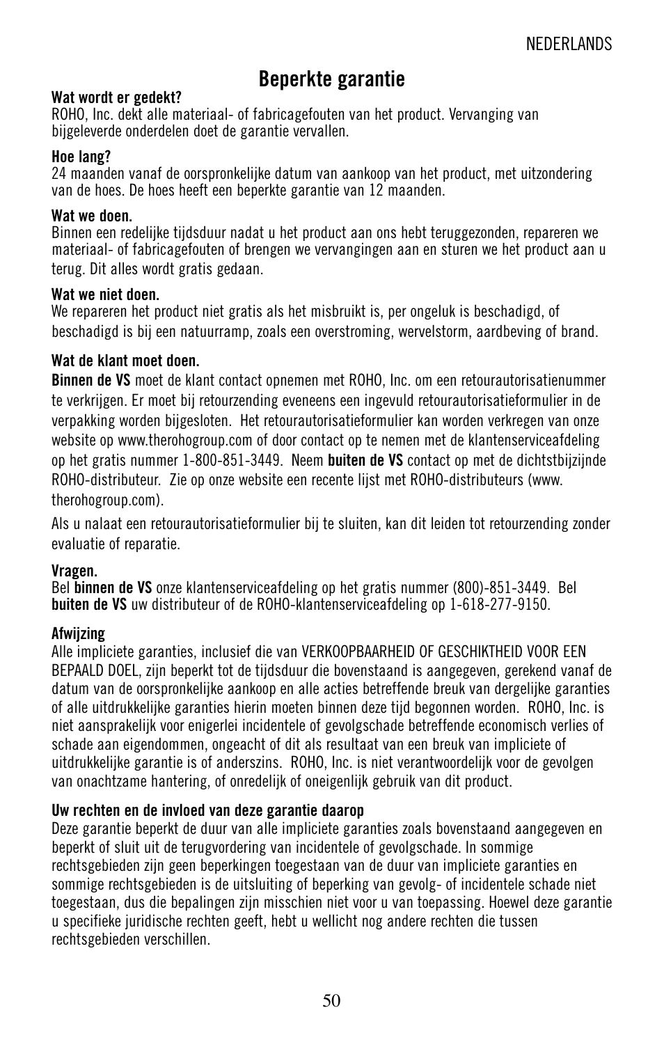 Beperkte garantie | ROHO nexus SPIRI cushion User Manual | Page 51 / 92