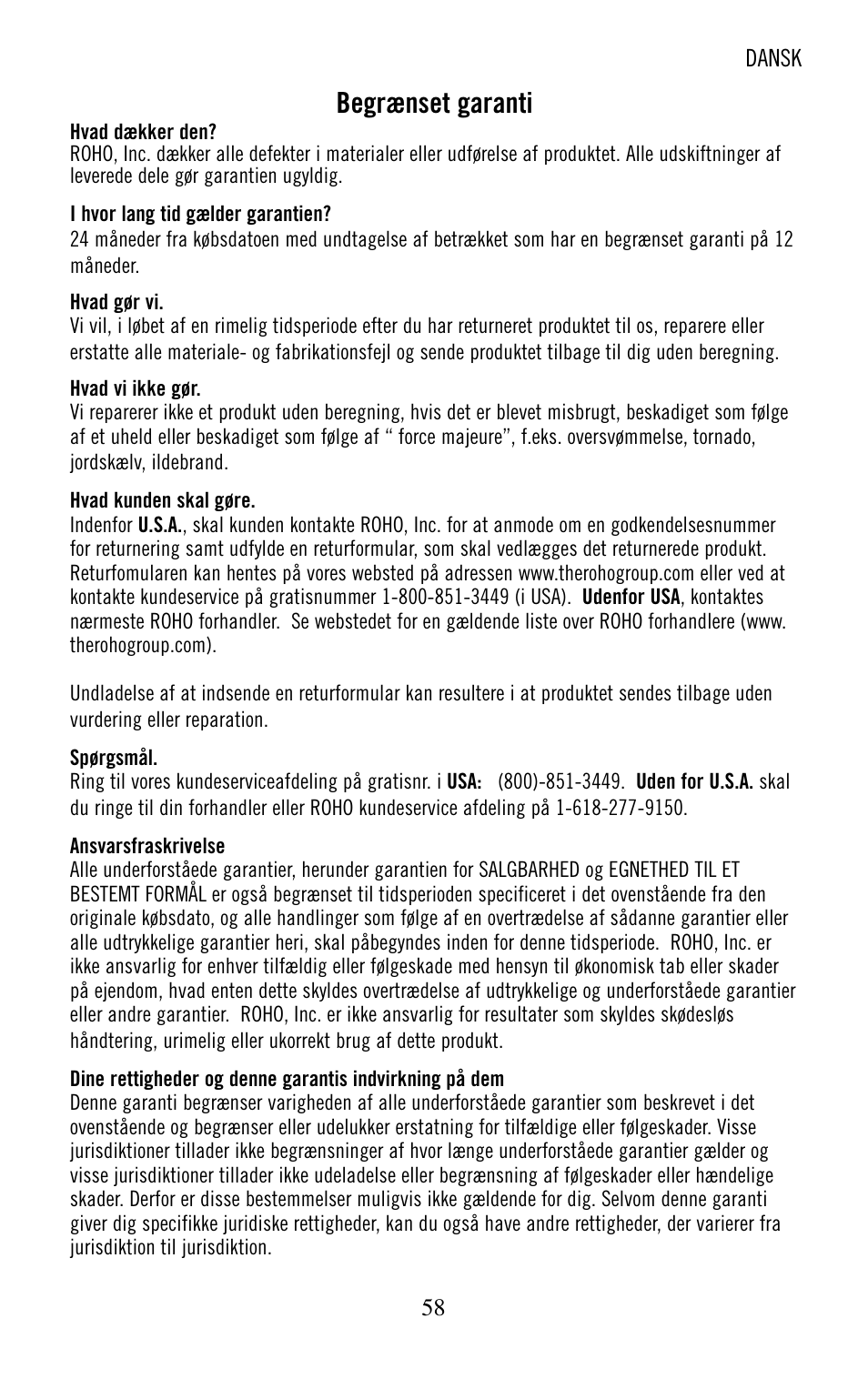 Begrænset garanti | ROHO nexus SPIRI cushion User Manual | Page 59 / 92