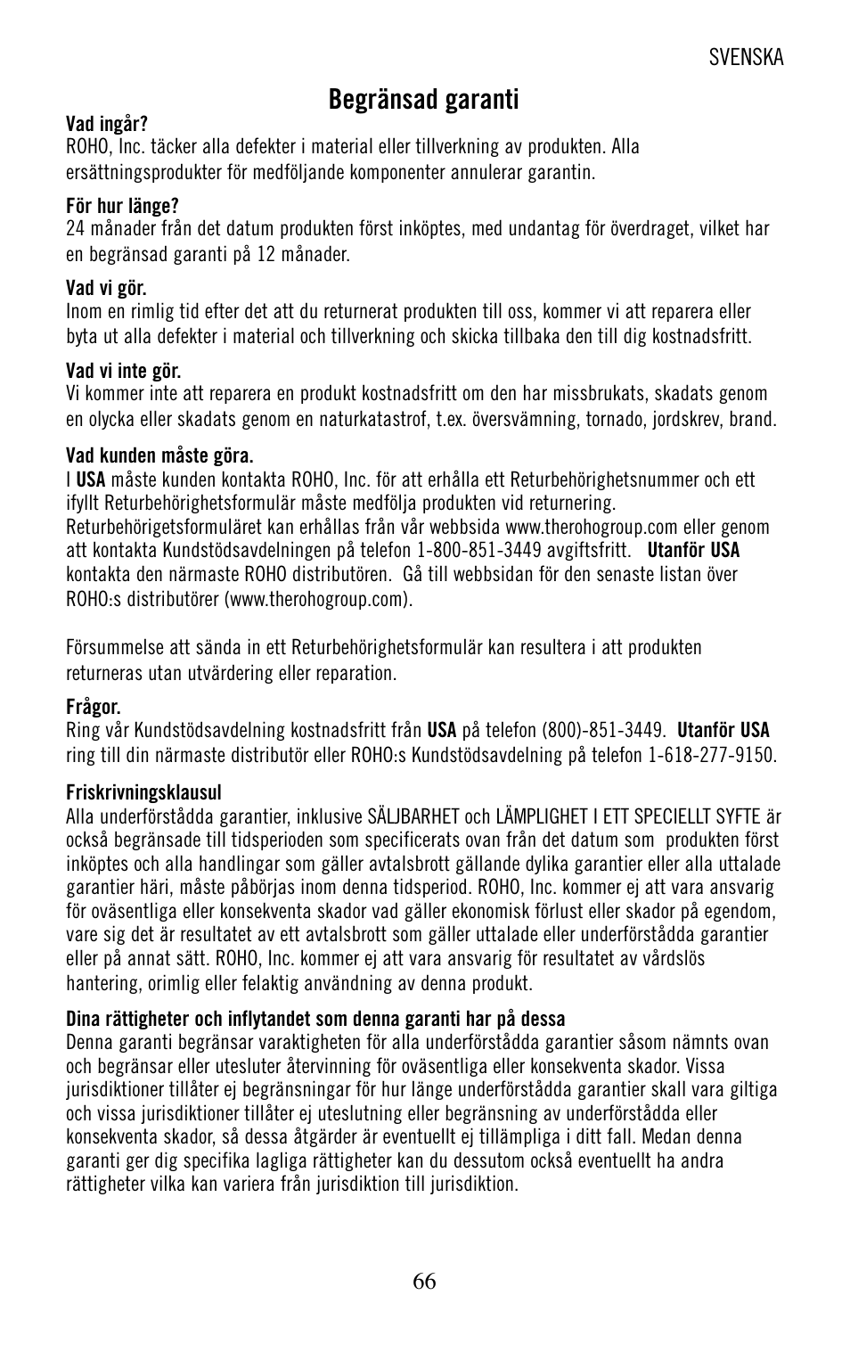 Begränsad garanti | ROHO nexus SPIRI cushion User Manual | Page 67 / 92