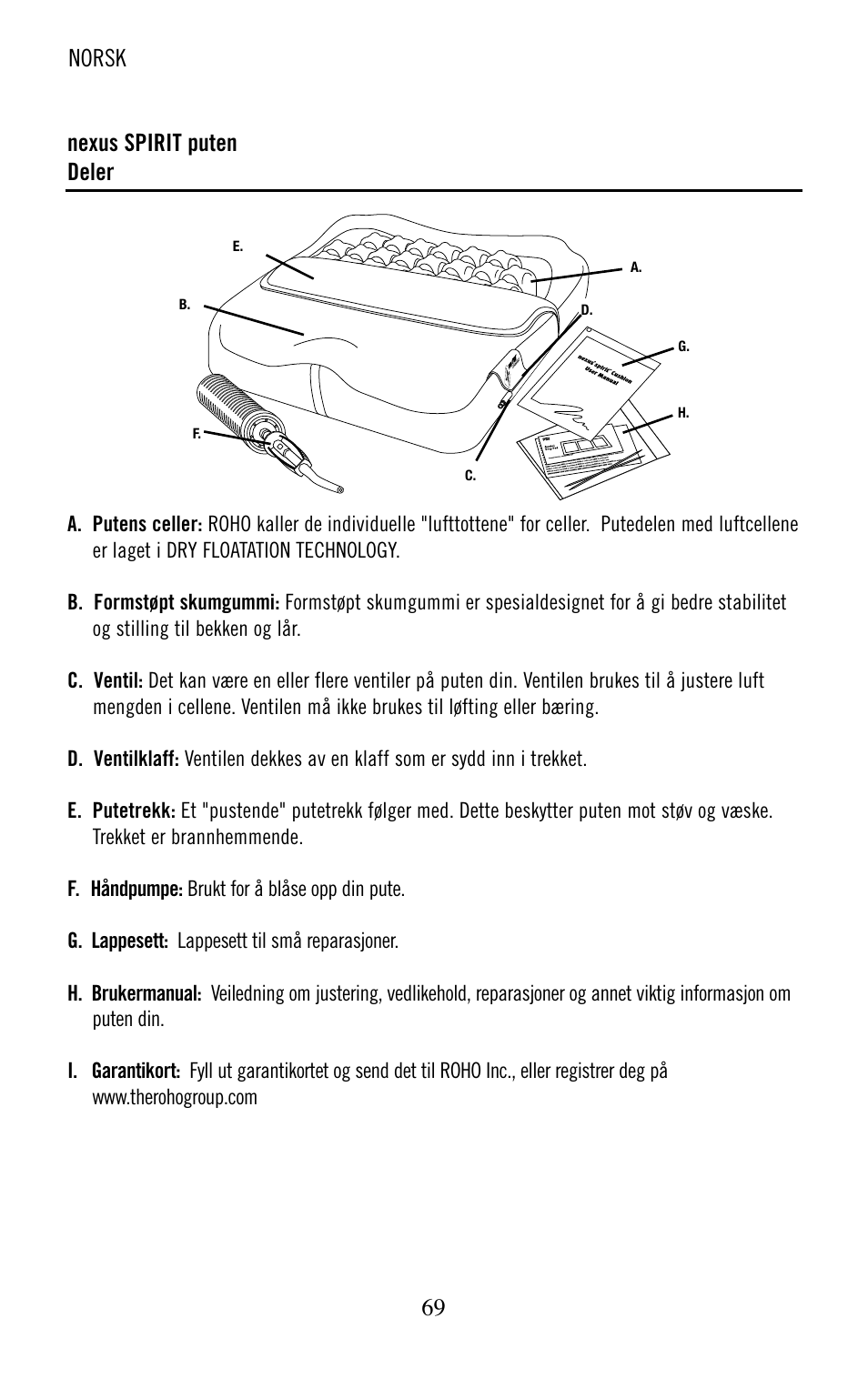 69 nexus spirit puten deler, Norsk | ROHO nexus SPIRI cushion User Manual | Page 70 / 92