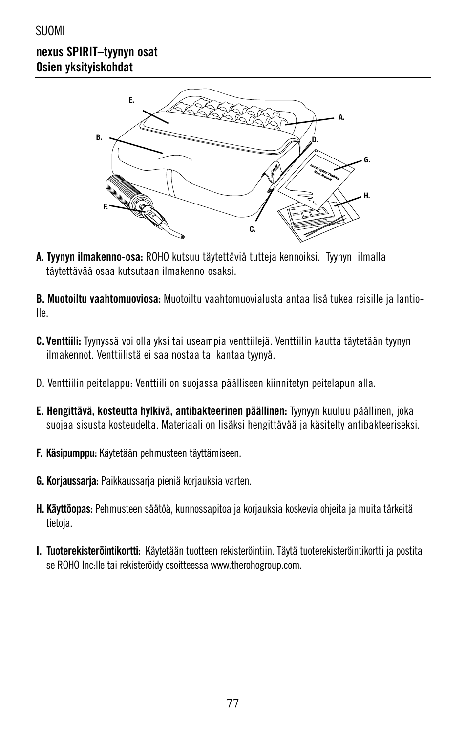 77 nexus spirit–tyynyn osat osien yksityiskohdat, Suomi | ROHO nexus SPIRI cushion User Manual | Page 78 / 92