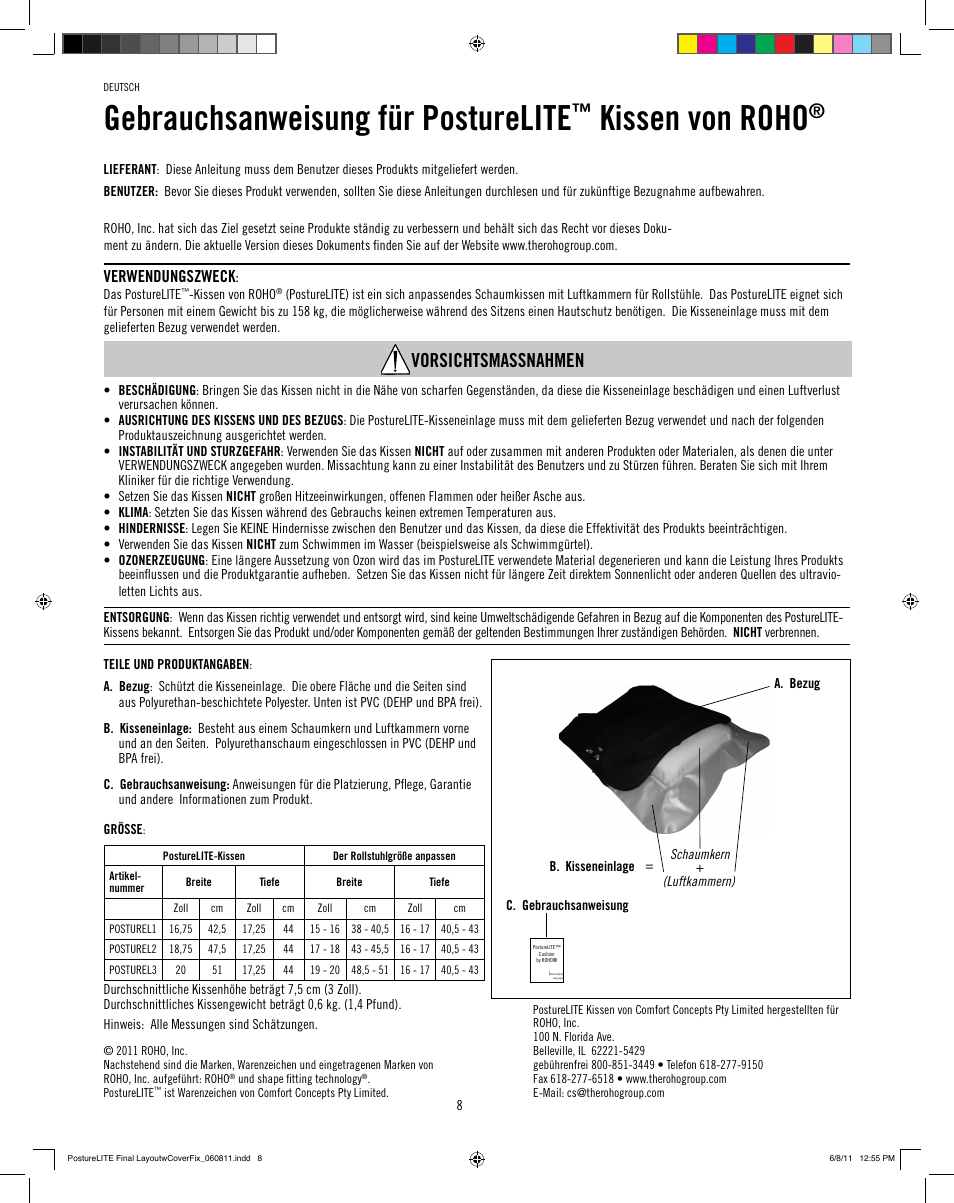 Gebrauchsanweisung für posturelite, Kissen von roho, Vorsichtsmassnahmen | Verwendungszweck | ROHO PostureLit cushion User Manual | Page 10 / 28