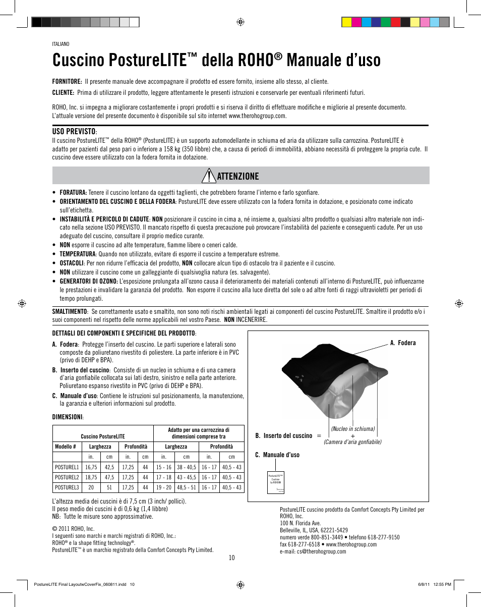 Cuscino posturelite, Della roho, Manuale d’uso | Attenzione, Uso previsto | ROHO PostureLit cushion User Manual | Page 12 / 28