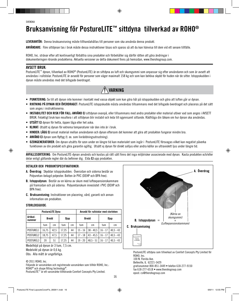 Bruksanvisning för posturelite, Sittdyna tillverkad av roho, Varning | Avsett bruk | ROHO PostureLit cushion User Manual | Page 18 / 28