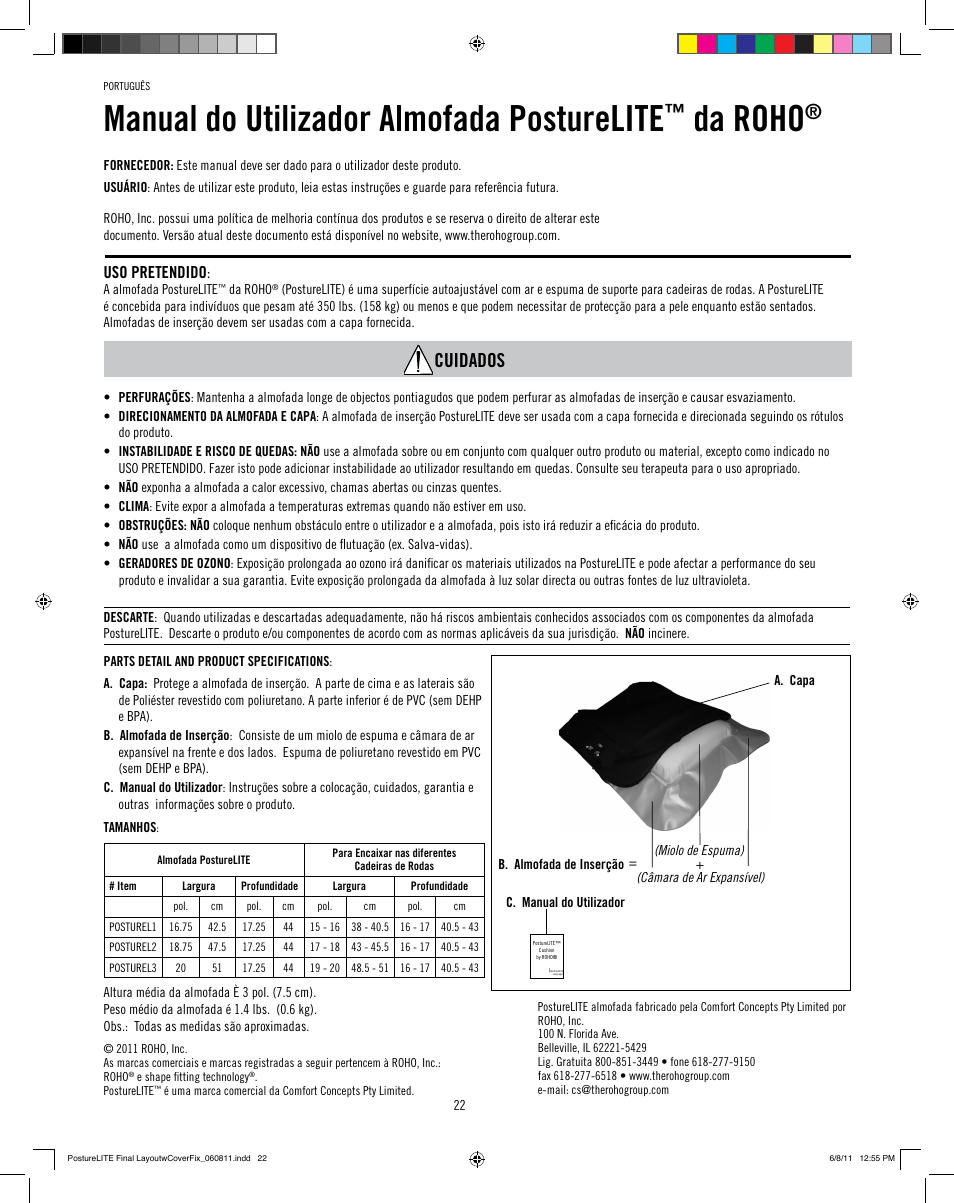 Manual do utilizador almofada posturelite, Da roho, Cuidados | Uso pretendido | ROHO PostureLit cushion User Manual | Page 24 / 28