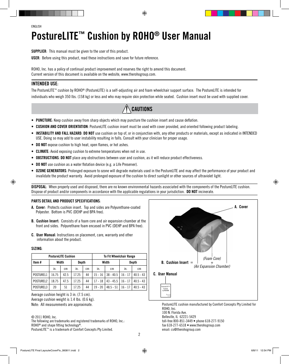 Posturelite, Cushion by roho, User manual | Cautions, Intended use | ROHO PostureLit cushion User Manual | Page 4 / 28