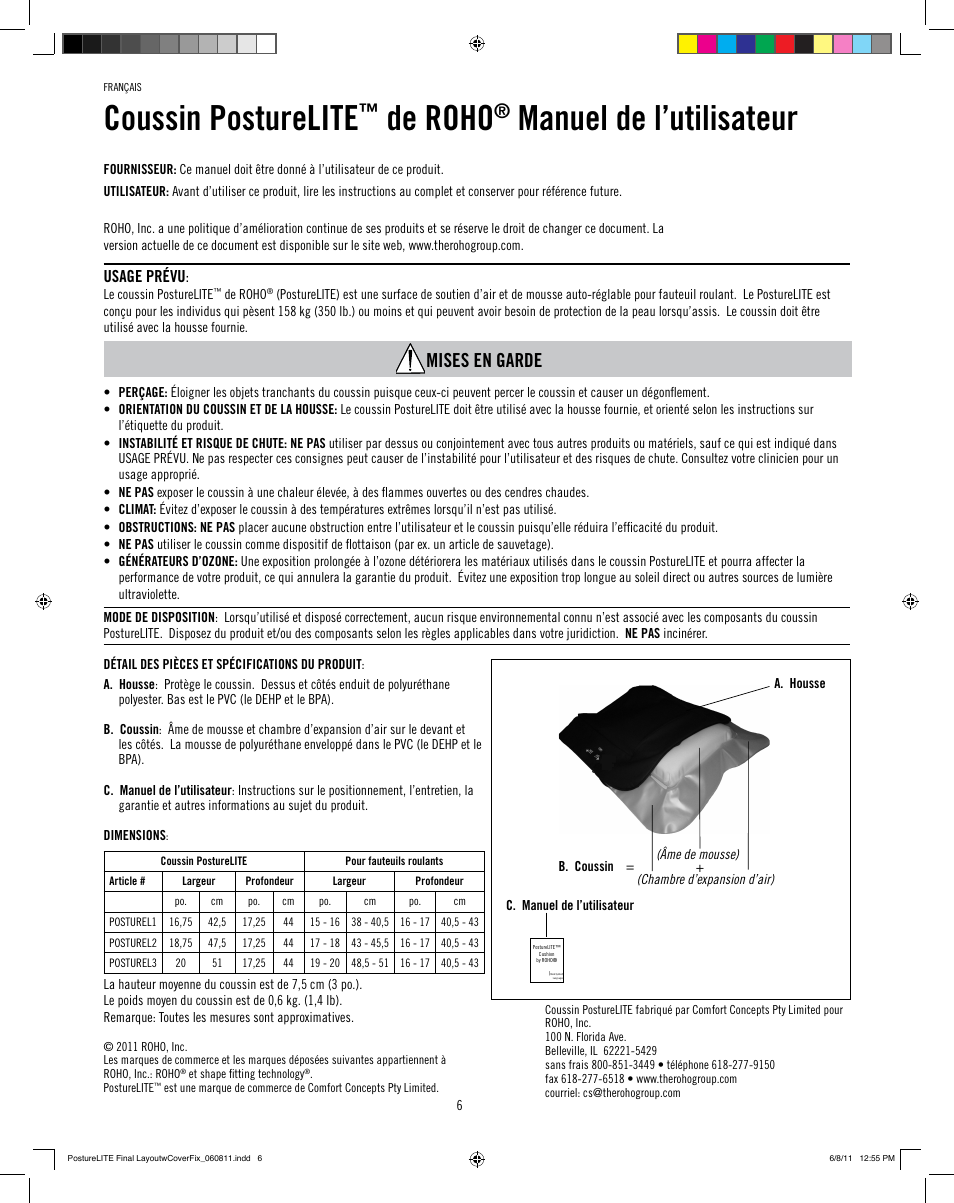Coussin posturelite, De roho, Manuel de l’utilisateur | Mises en garde, Usage prévu | ROHO PostureLit cushion User Manual | Page 8 / 28