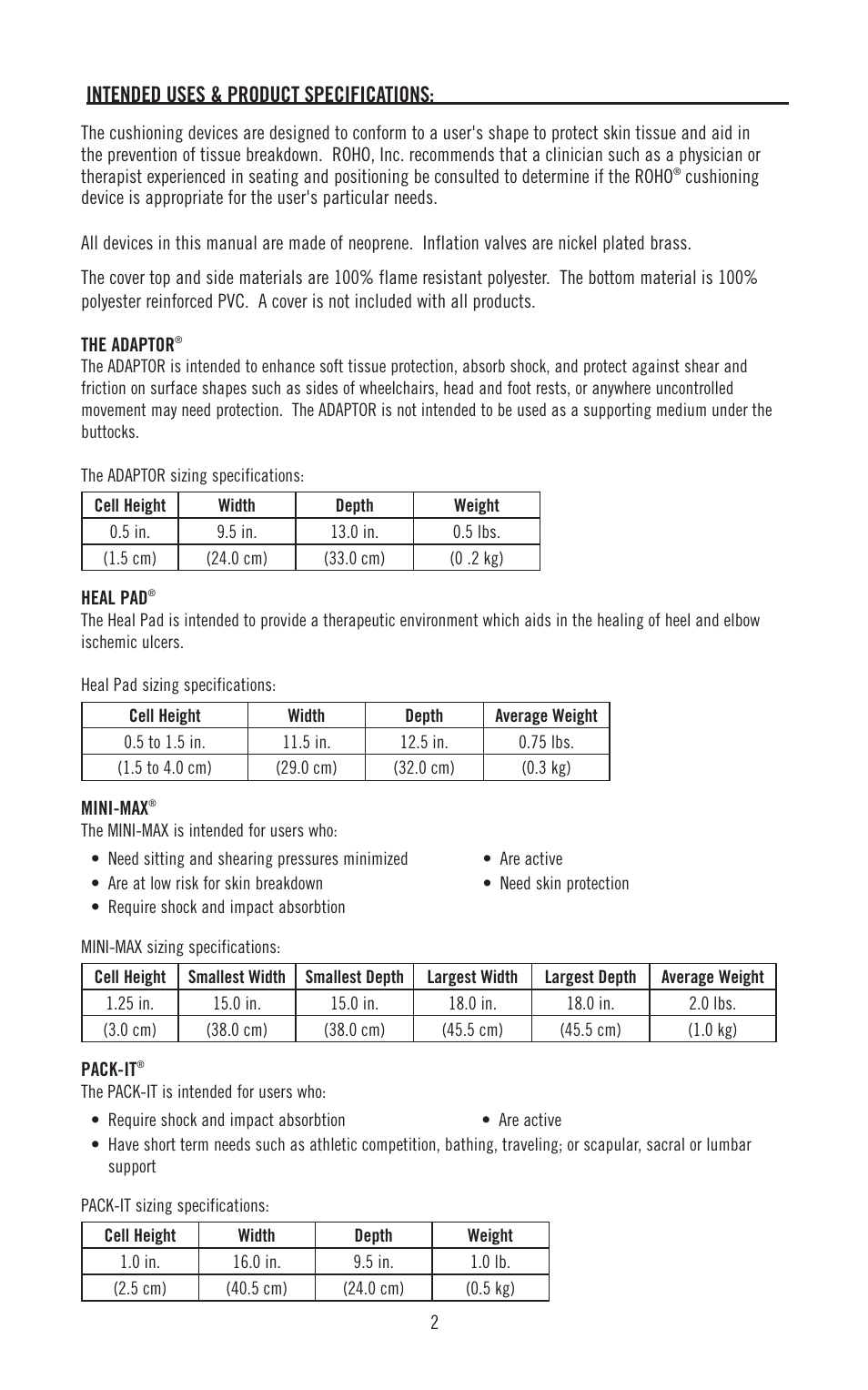 Intended uses & product specifications | ROHO Specialty application cushions User Manual | Page 3 / 10