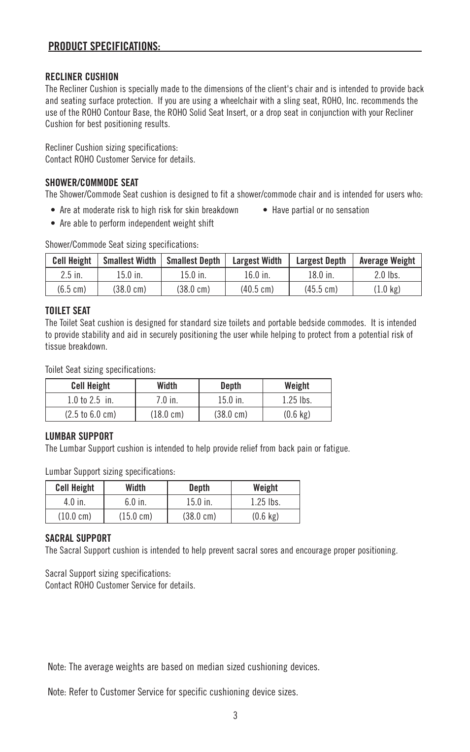 Product specifications | ROHO Specialty application cushions User Manual | Page 4 / 10