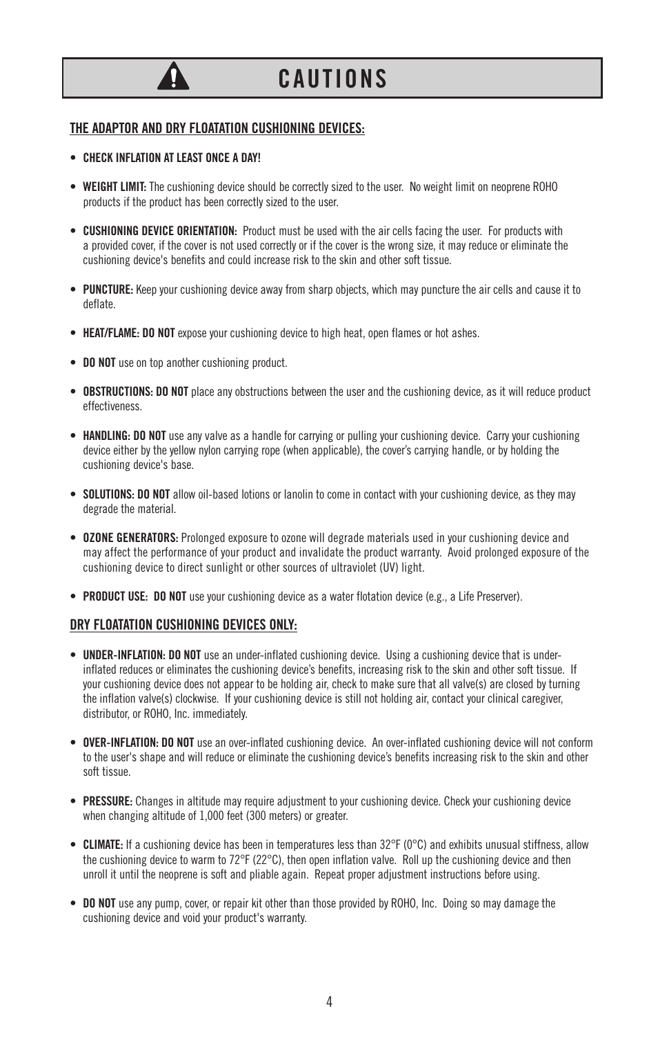 Cautions | ROHO Specialty application cushions User Manual | Page 5 / 10