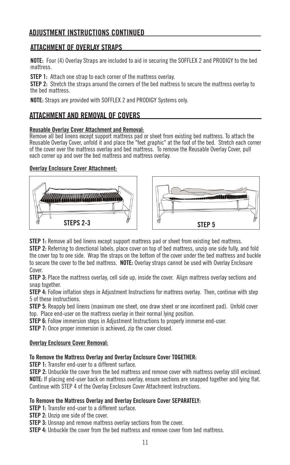 Attachment and removal of covers, Adjustment instructions continued, Attachment of overlay straps | ROHO SOFFLE 2 mattress overlay system operation manual User Manual | Page 11 / 17