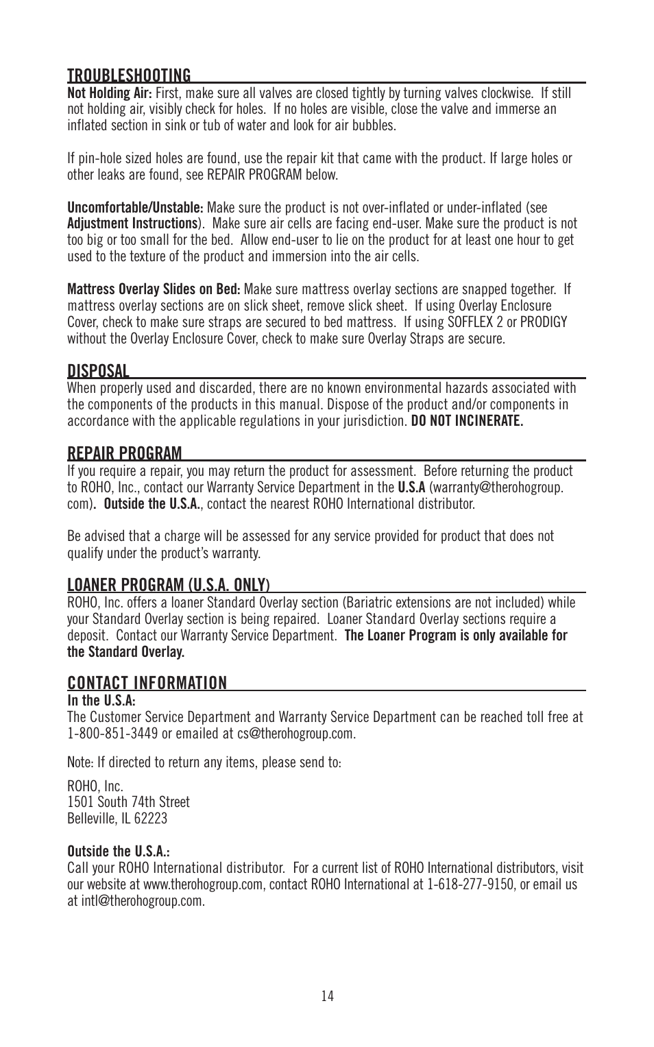 Troubleshooting, Disposal, Repair program | Loaner program (u.s.a. only, Contact information | ROHO SOFFLE 2 mattress overlay system operation manual User Manual | Page 14 / 17