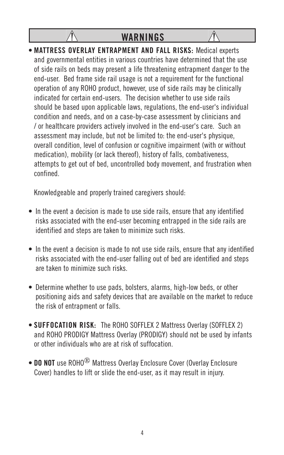 Warnings | ROHO SOFFLE 2 mattress overlay system operation manual User Manual | Page 4 / 17