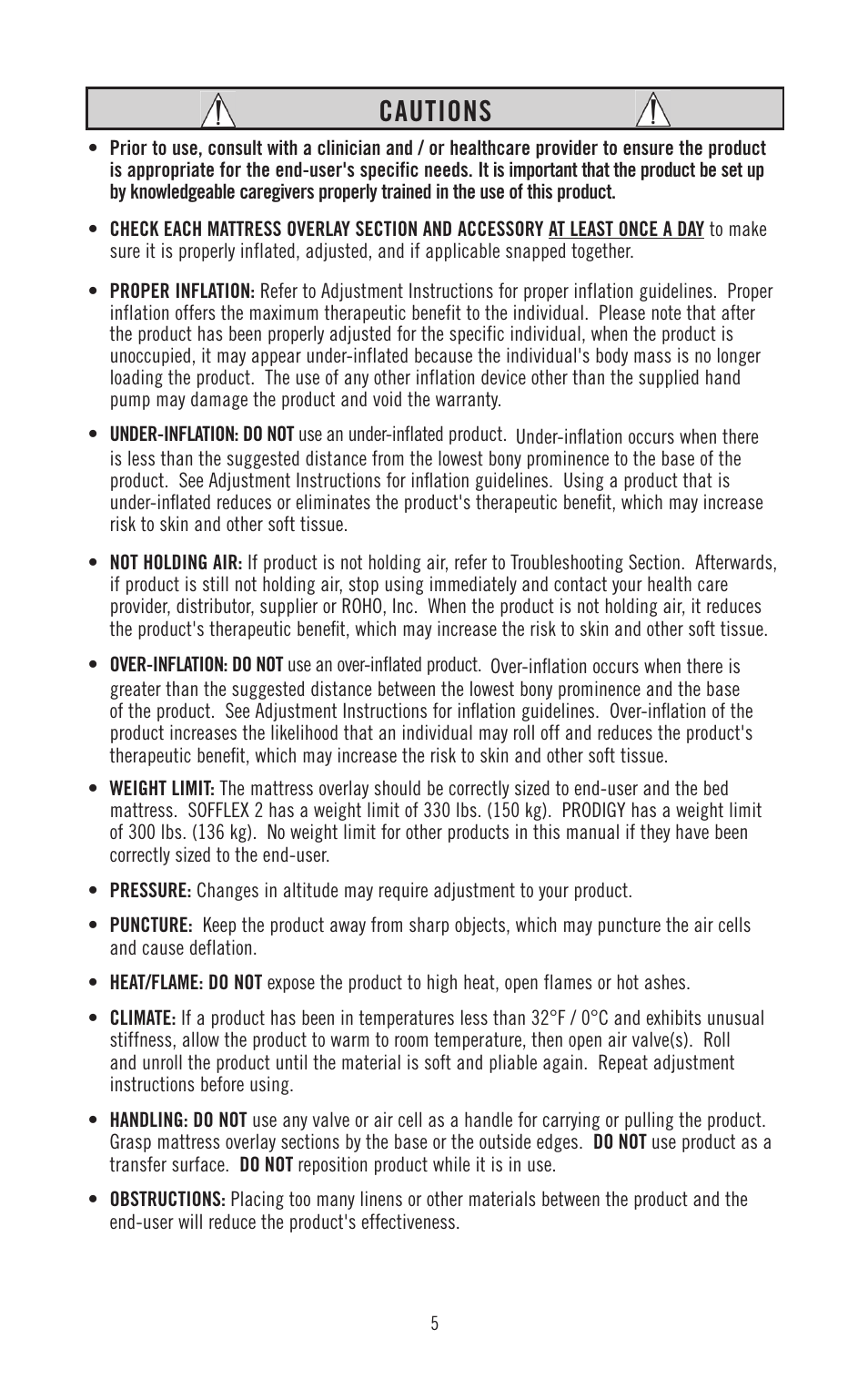 Cautions | ROHO SOFFLE 2 mattress overlay system operation manual User Manual | Page 5 / 17