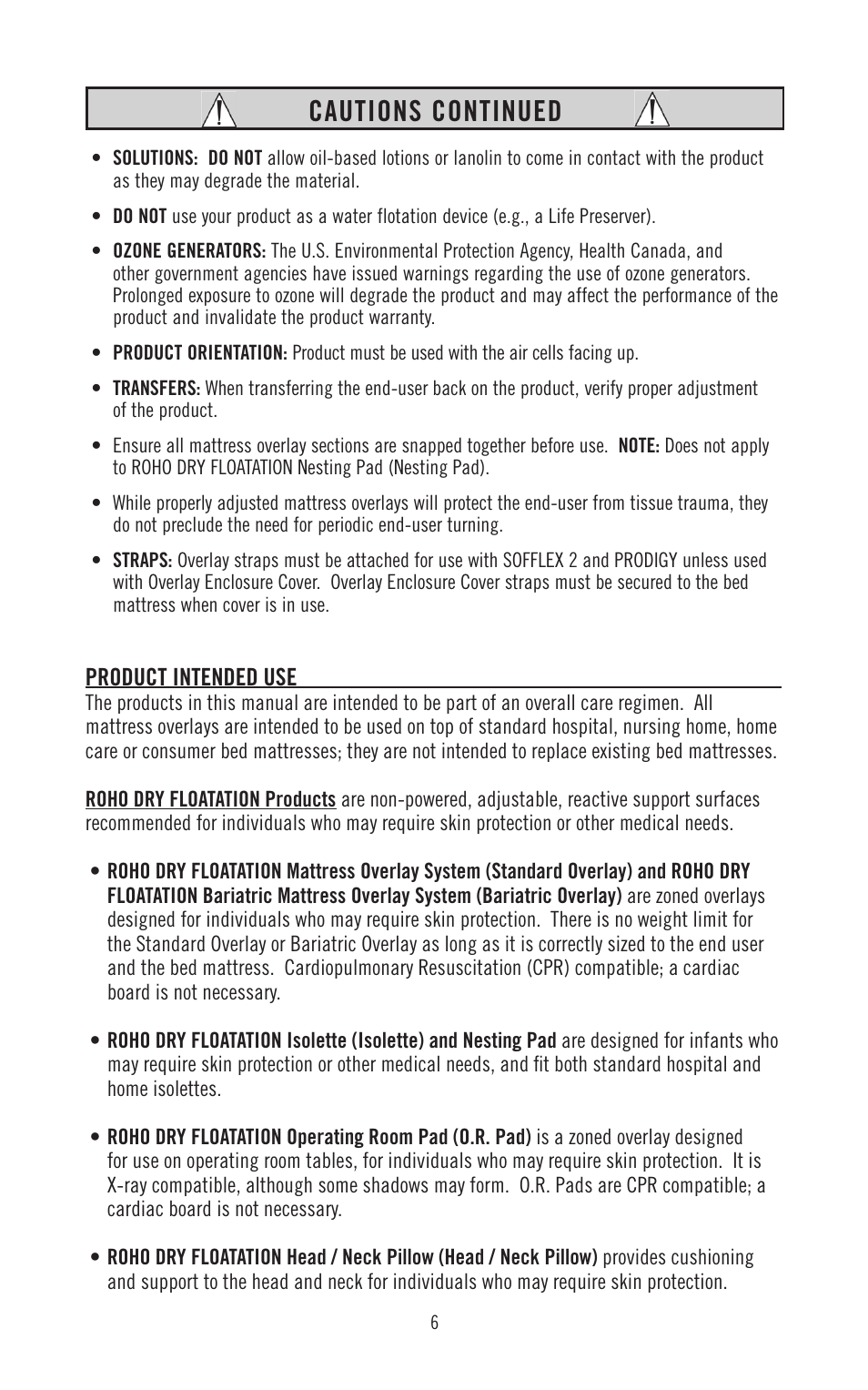 Cautions continued | ROHO SOFFLE 2 mattress overlay system operation manual User Manual | Page 6 / 17