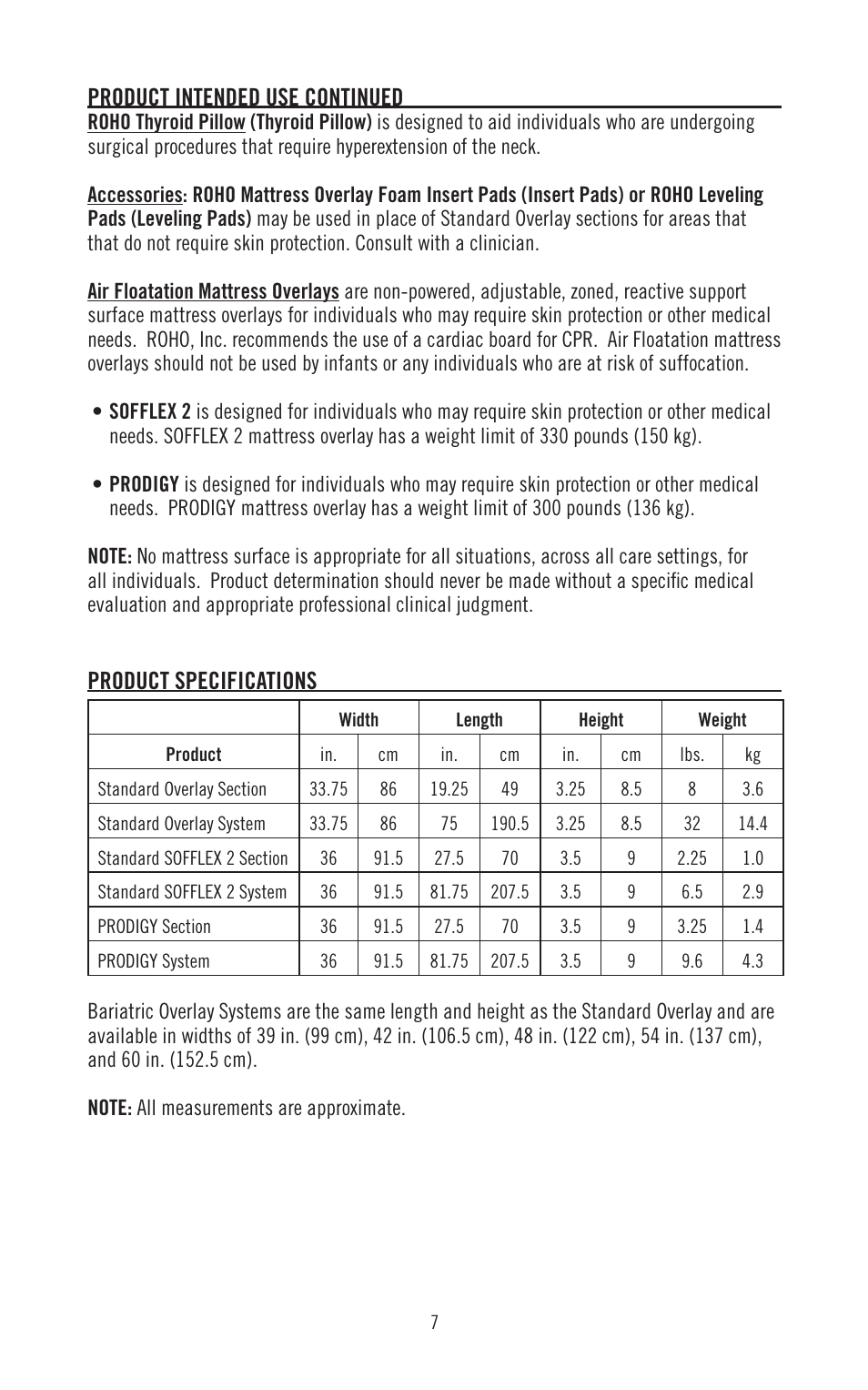 Product intended use continued, Product specifications | ROHO SOFFLE 2 mattress overlay system operation manual User Manual | Page 7 / 17