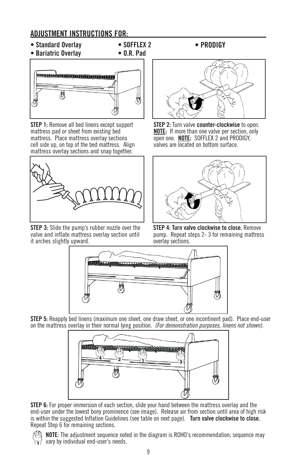 Adjustment instructions for, Prodigy | ROHO SOFFLE 2 mattress overlay system operation manual User Manual | Page 9 / 17