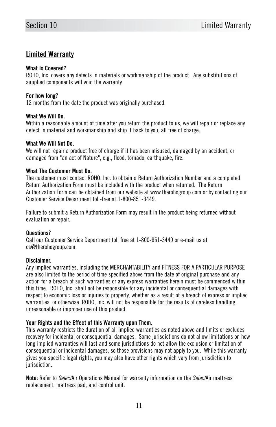 Limited warranty | ROHO SelectProtec safety enhancement system User Manual | Page 12 / 13