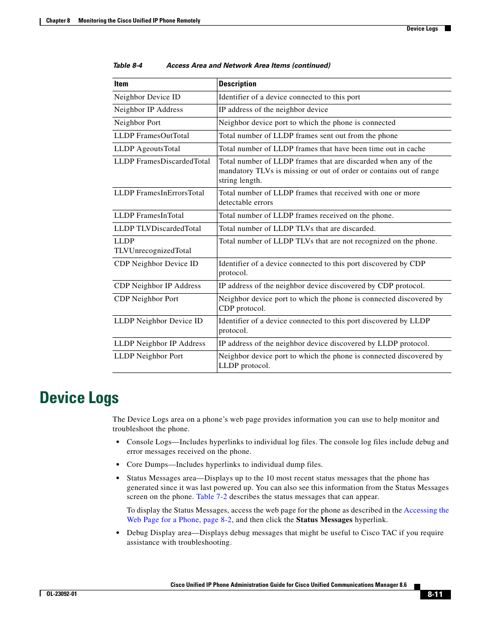 Device logs, Device | Cisco UNIFIED OL-23092-01 User Manual | Page 11 / 16