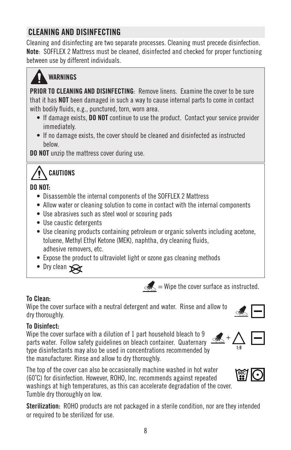 Cleaning and disinfecting | ROHO SOFFLE 2 mattress replacement system User Manual | Page 10 / 12