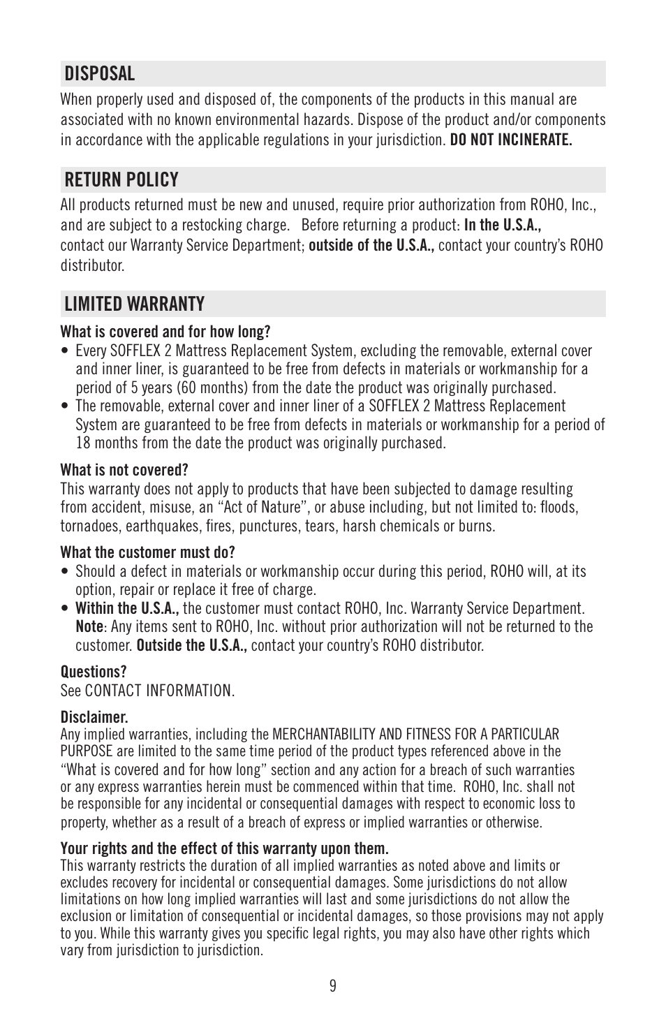 Disposal, Return policy, Limited warranty | ROHO SOFFLE 2 mattress replacement system User Manual | Page 11 / 12