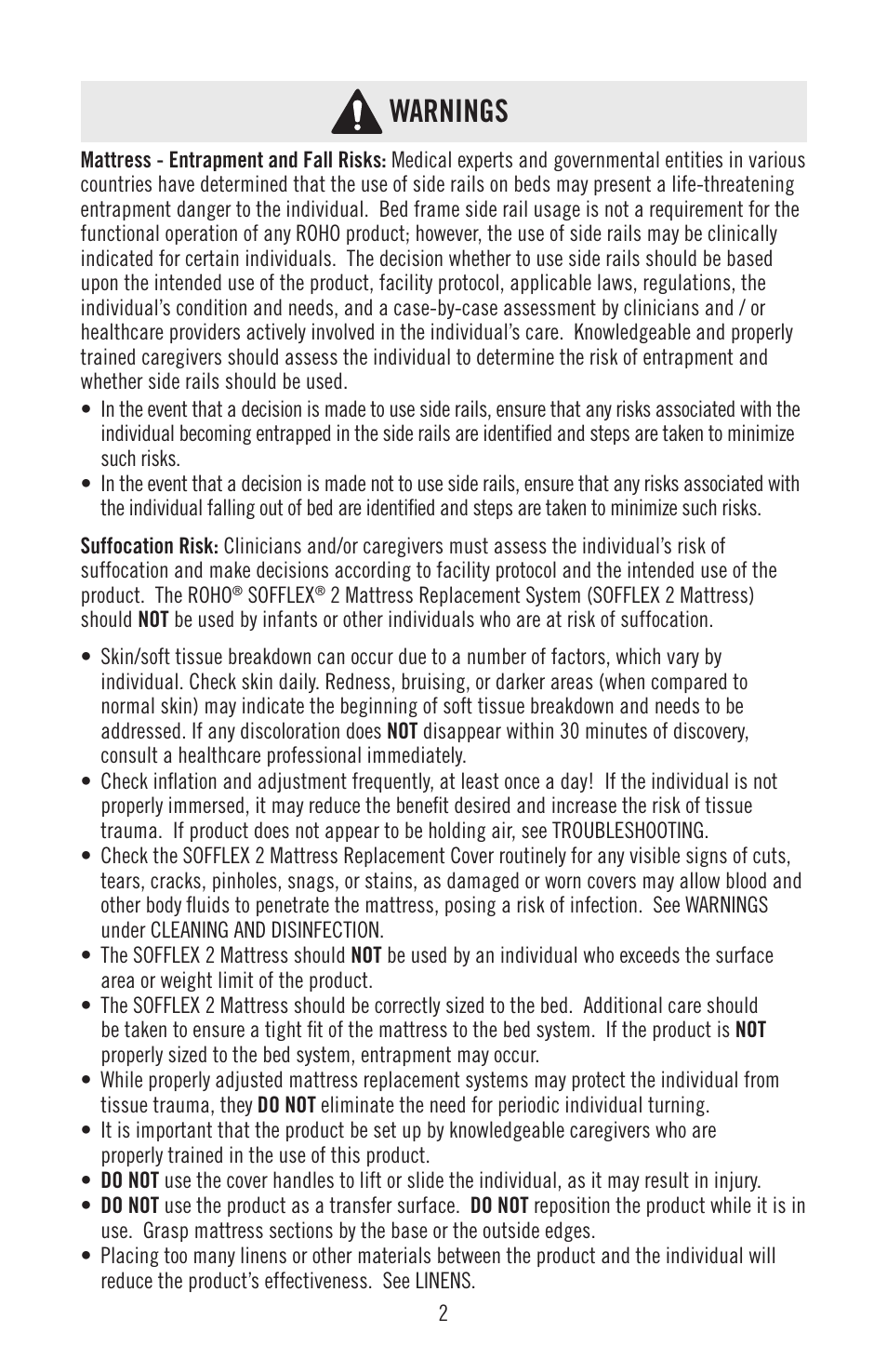 Warnings | ROHO SOFFLE 2 mattress replacement system User Manual | Page 4 / 12