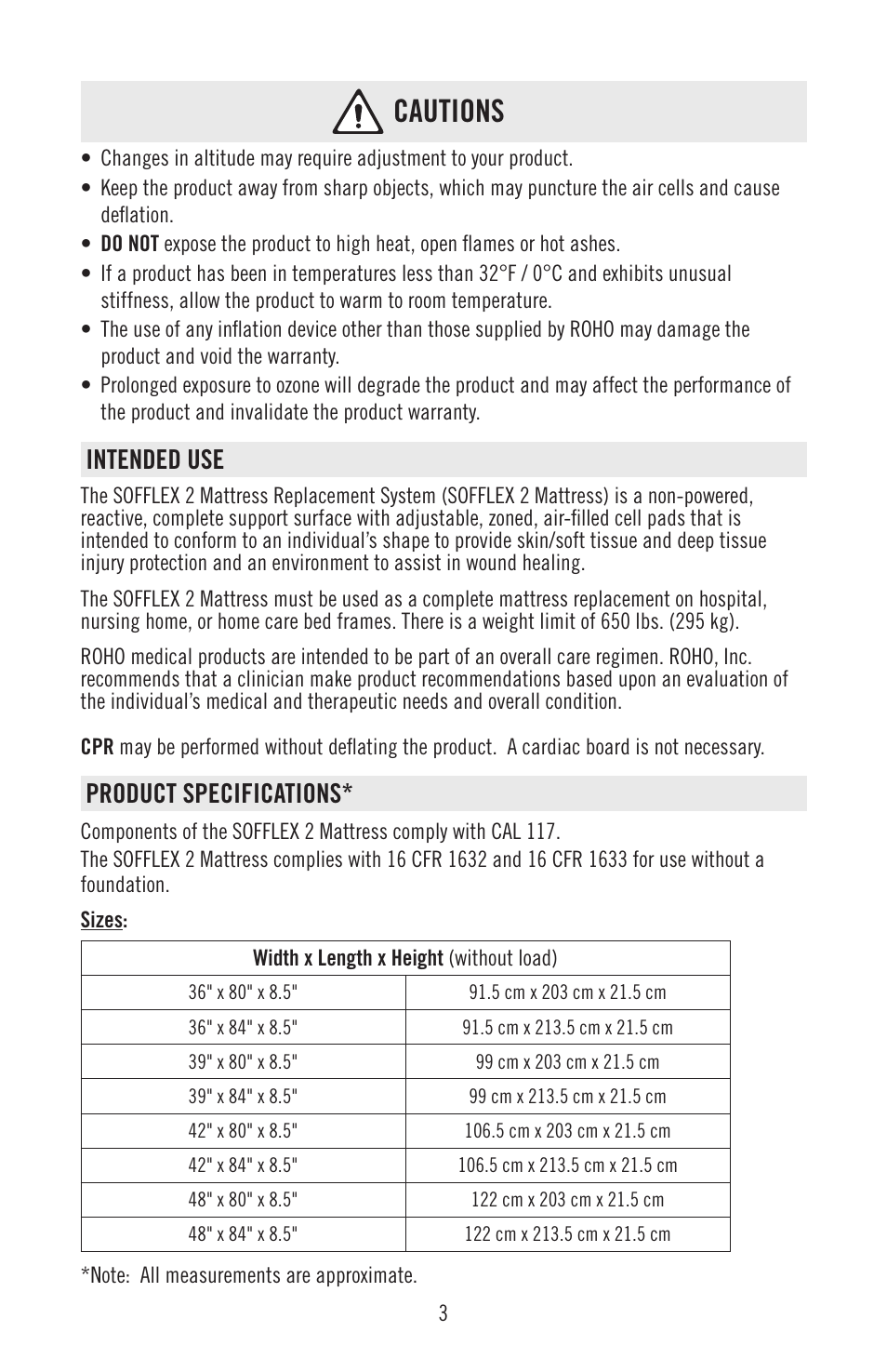 Cautions, Intended use, Product specifications | ROHO SOFFLE 2 mattress replacement system User Manual | Page 5 / 12