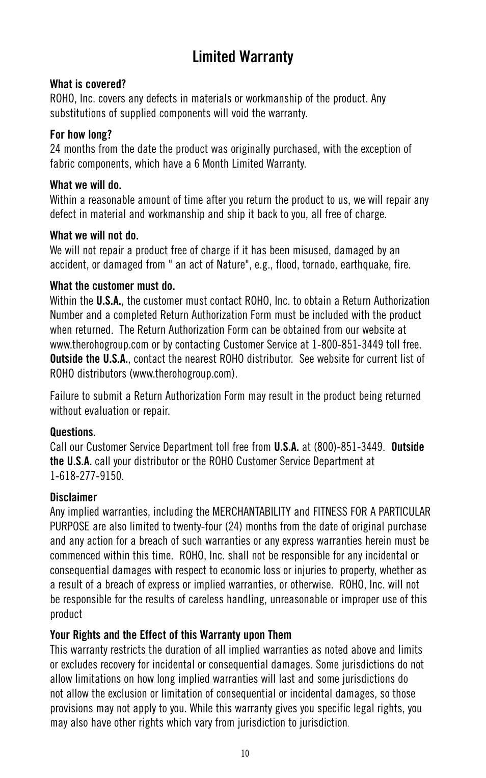 Limited warranty | ROHO JetStream Pr System User Manual | Page 11 / 12