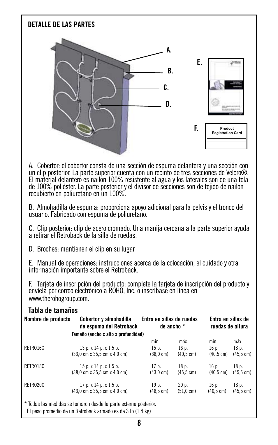 A. b. c. d. e. f. tabla de tamaños | ROHO Retrobac System User Manual | Page 10 / 15