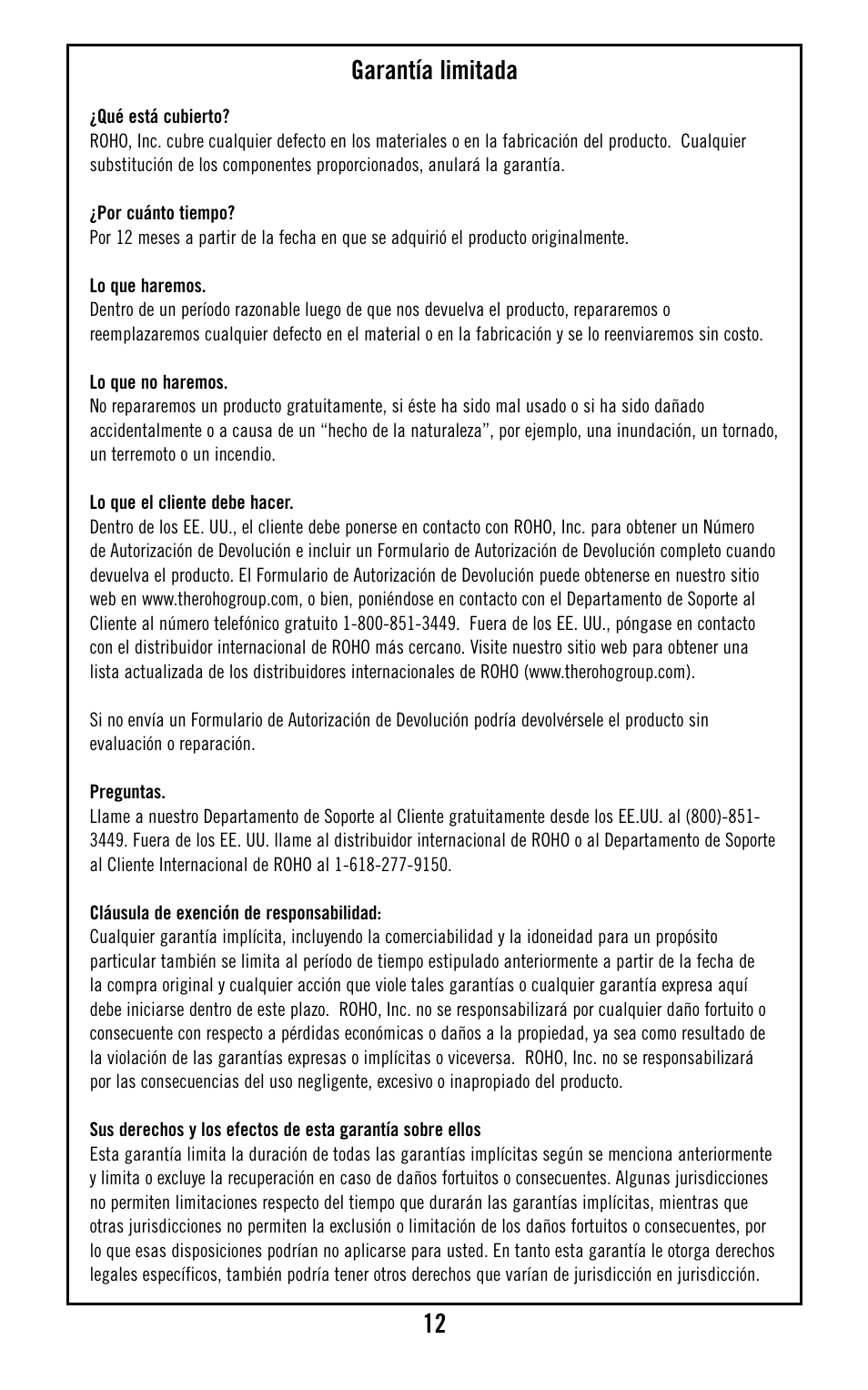 Garantía limitada | ROHO Retrobac System User Manual | Page 14 / 15