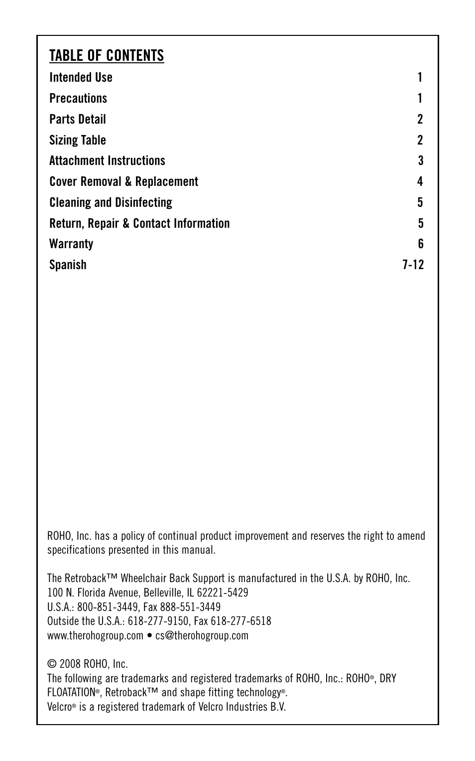 ROHO Retrobac System User Manual | Page 2 / 15