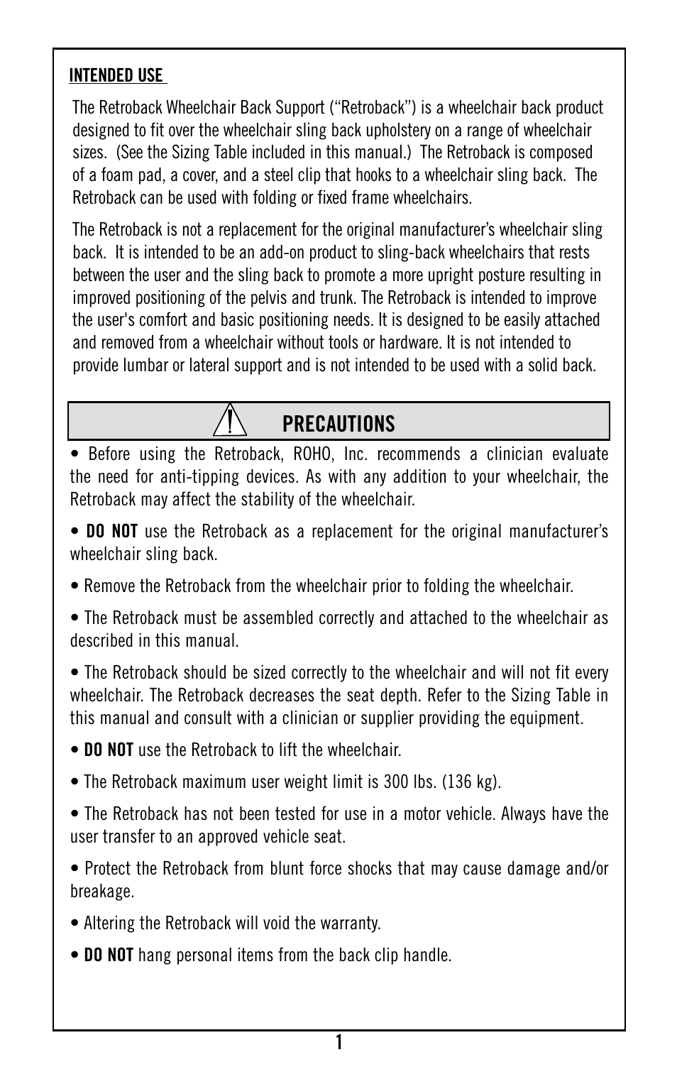 Precautions | ROHO Retrobac System User Manual | Page 3 / 15