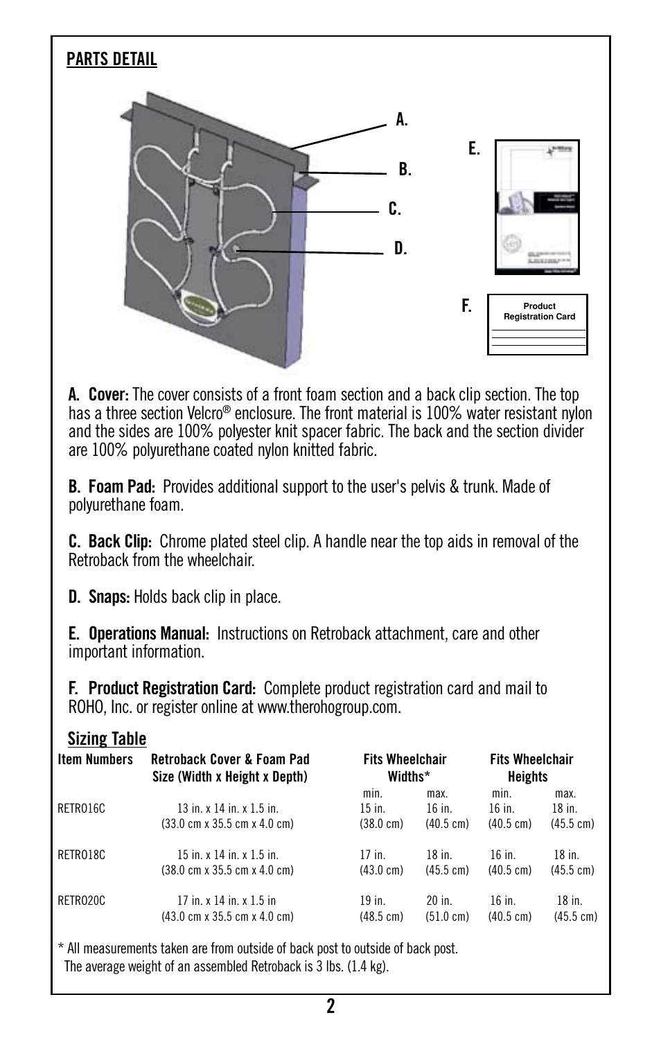 A. b. c. d. e. f. sizing table | ROHO Retrobac System User Manual | Page 4 / 15