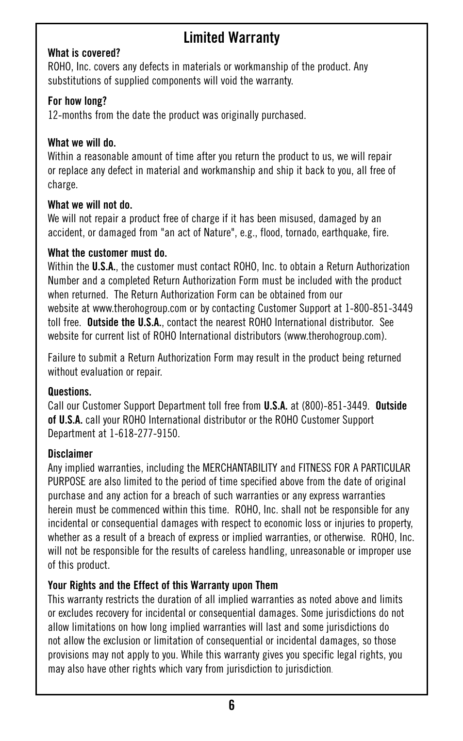 Limited warranty | ROHO Retrobac System User Manual | Page 8 / 15
