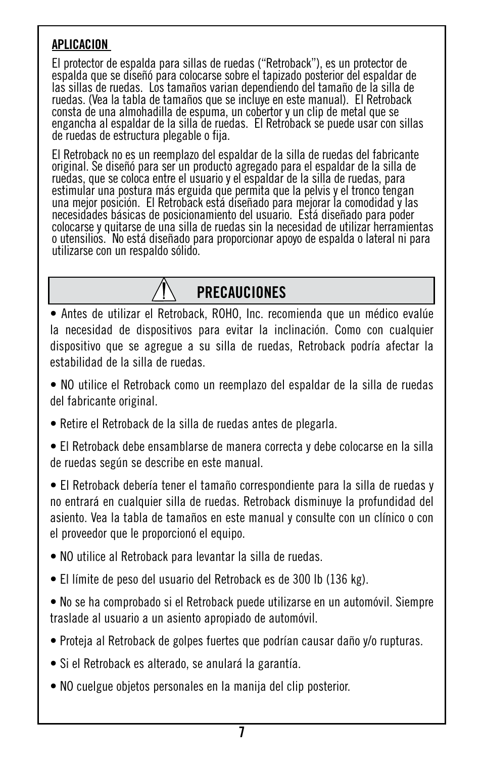 Precauciones | ROHO Retrobac System User Manual | Page 9 / 15