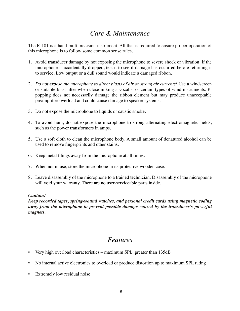 Care & maintenance, Features | Royer Labs R-101 User Manual | Page 15 / 19