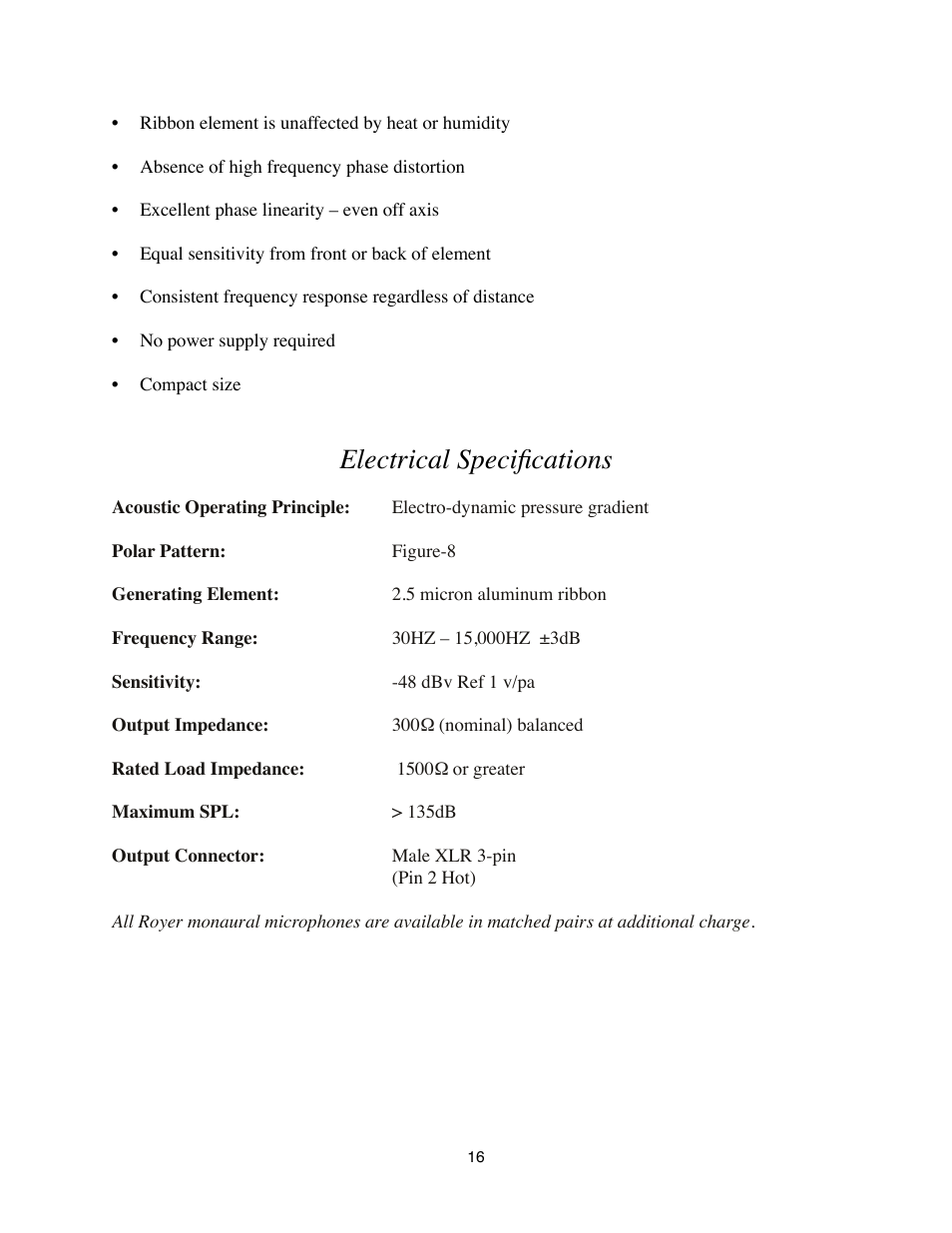 Electrical specifications | Royer Labs R-101 User Manual | Page 16 / 19