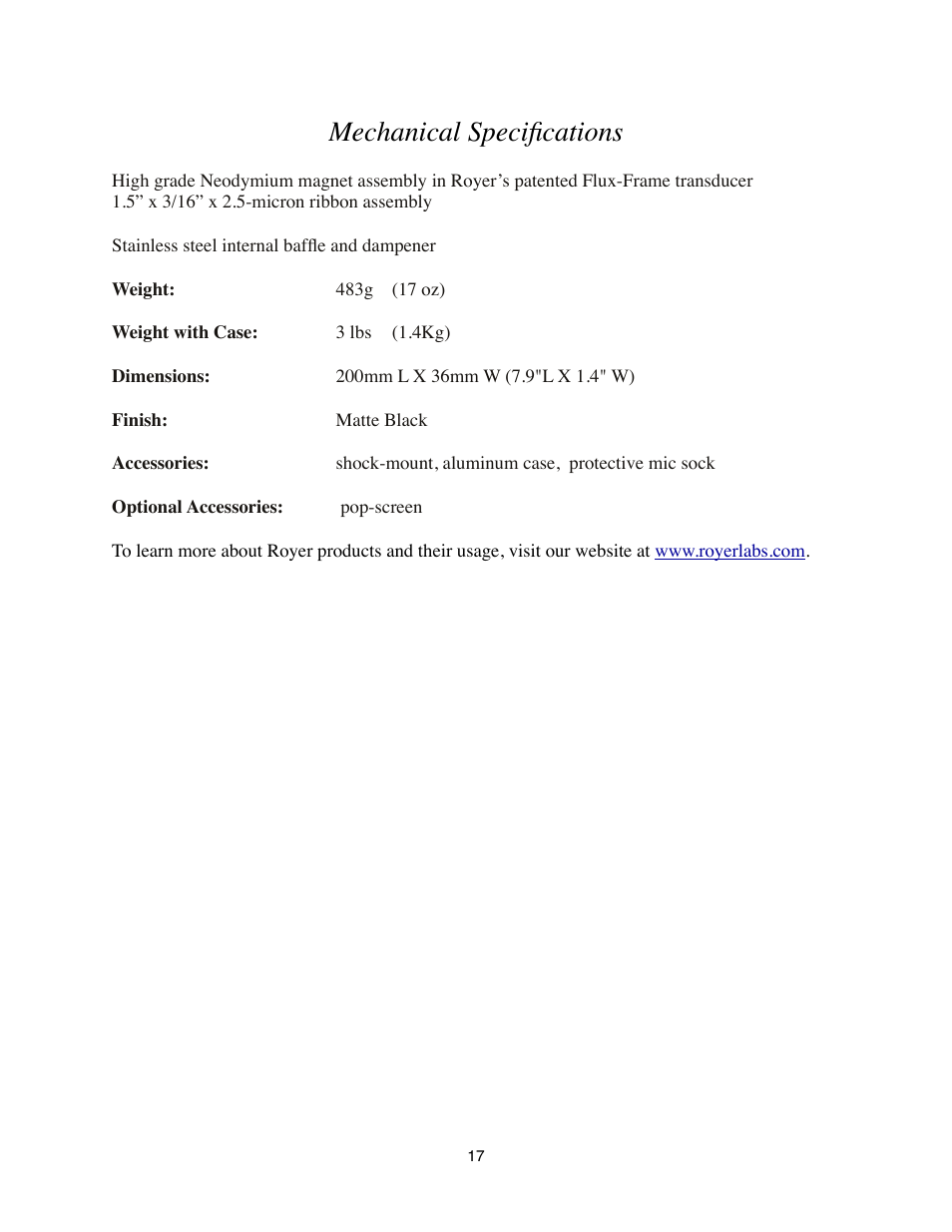 Mechanical specifications | Royer Labs R-101 User Manual | Page 17 / 19