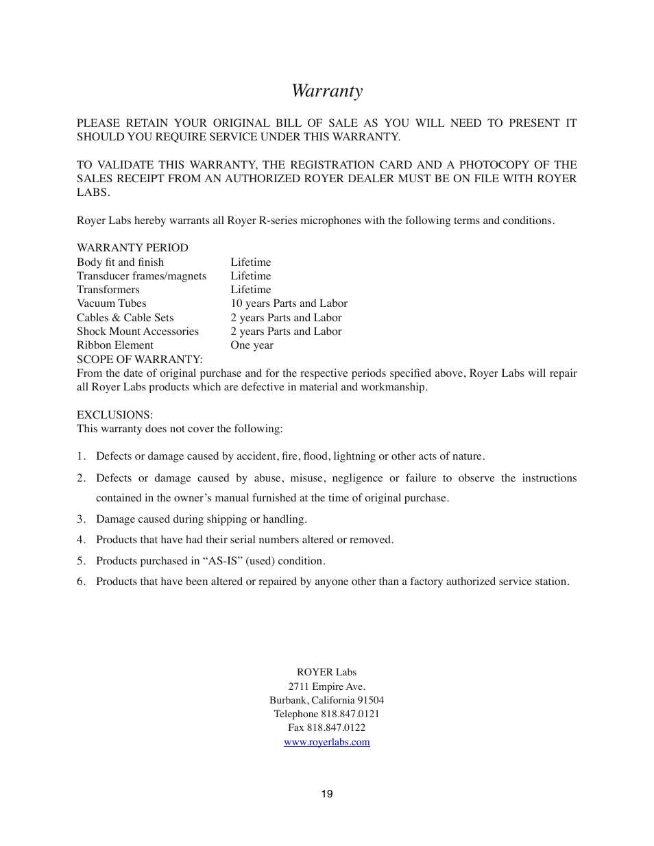 Warranty | Royer Labs R-101 User Manual | Page 19 / 19