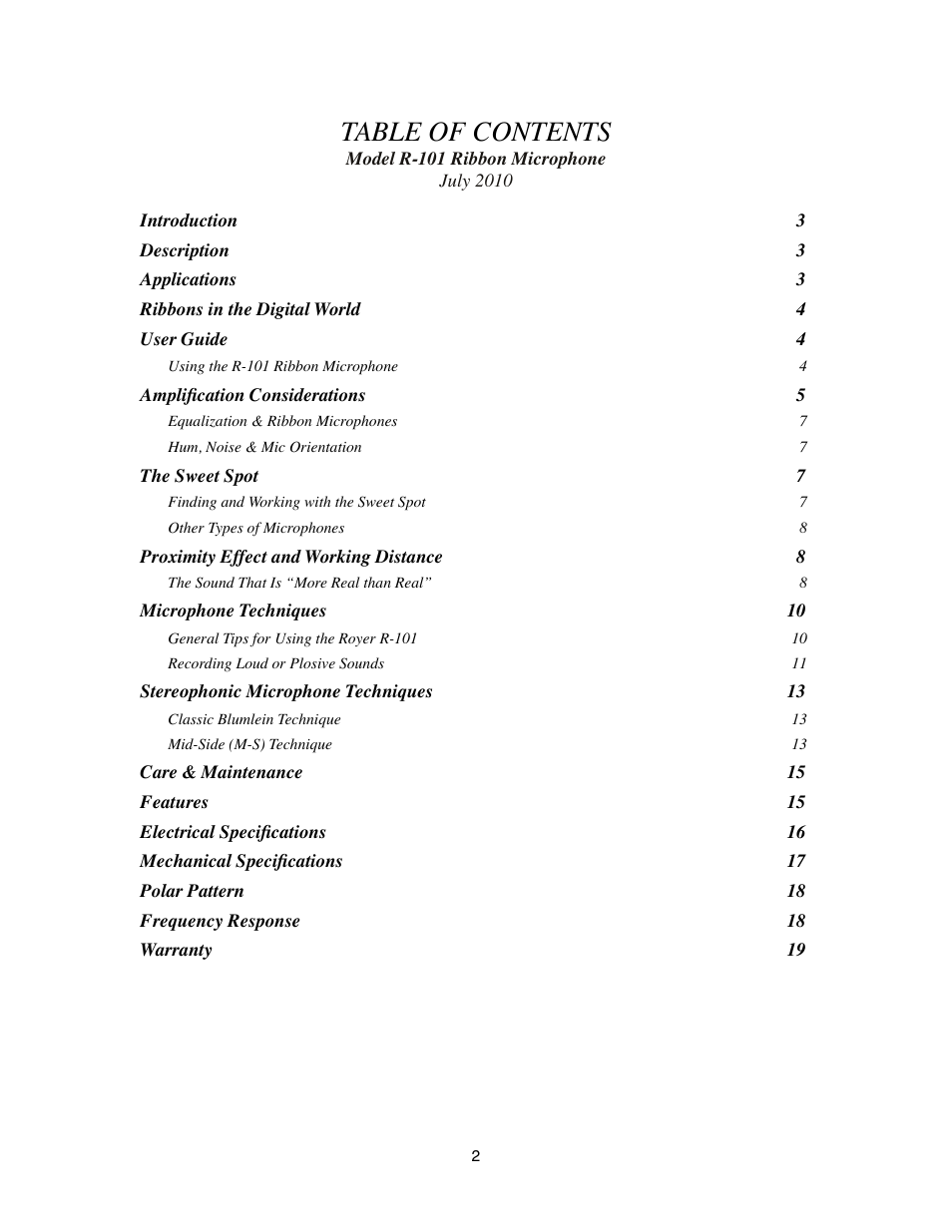 Royer Labs R-101 User Manual | Page 2 / 19