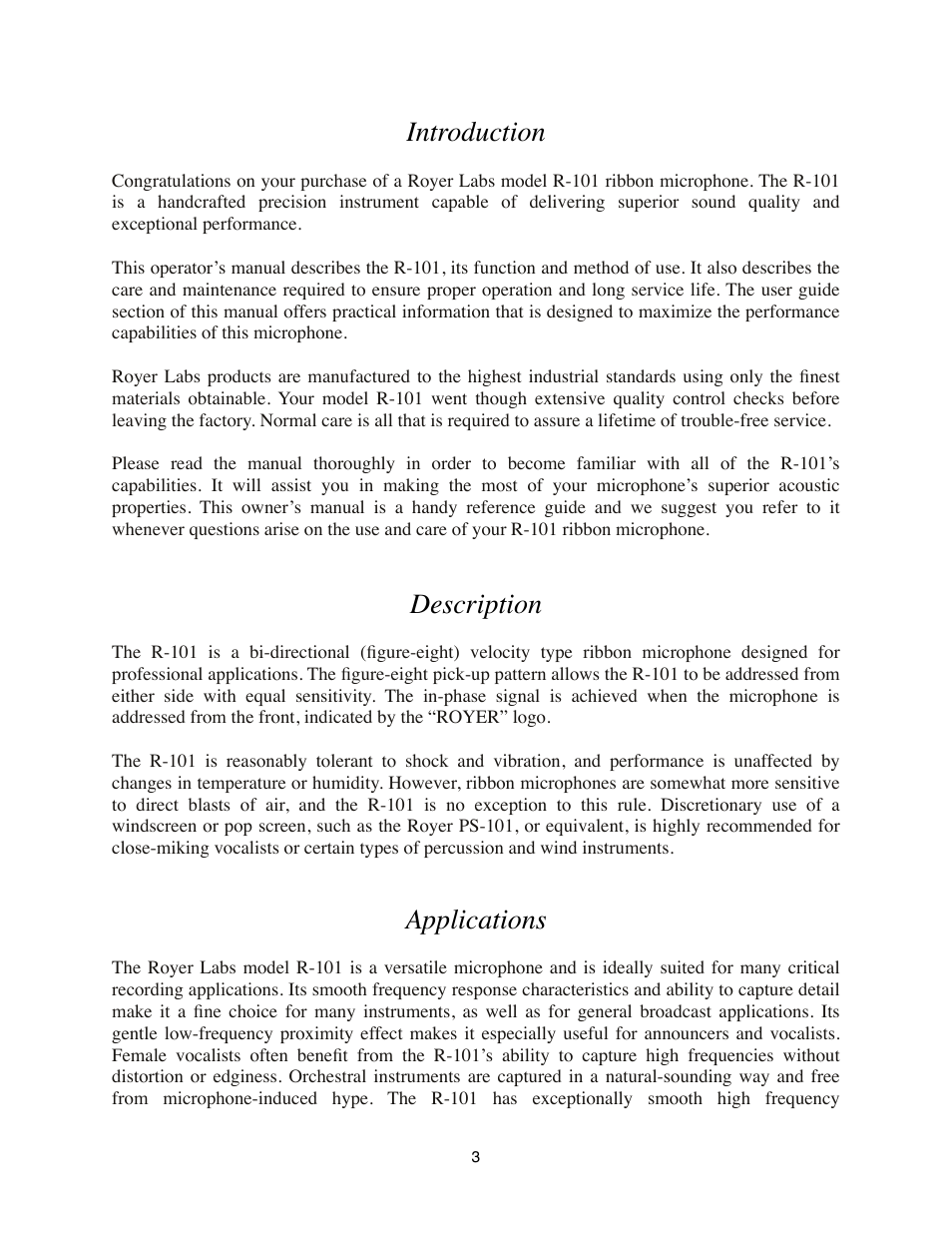 Introduction, Description, Applications | Royer Labs R-101 User Manual | Page 3 / 19