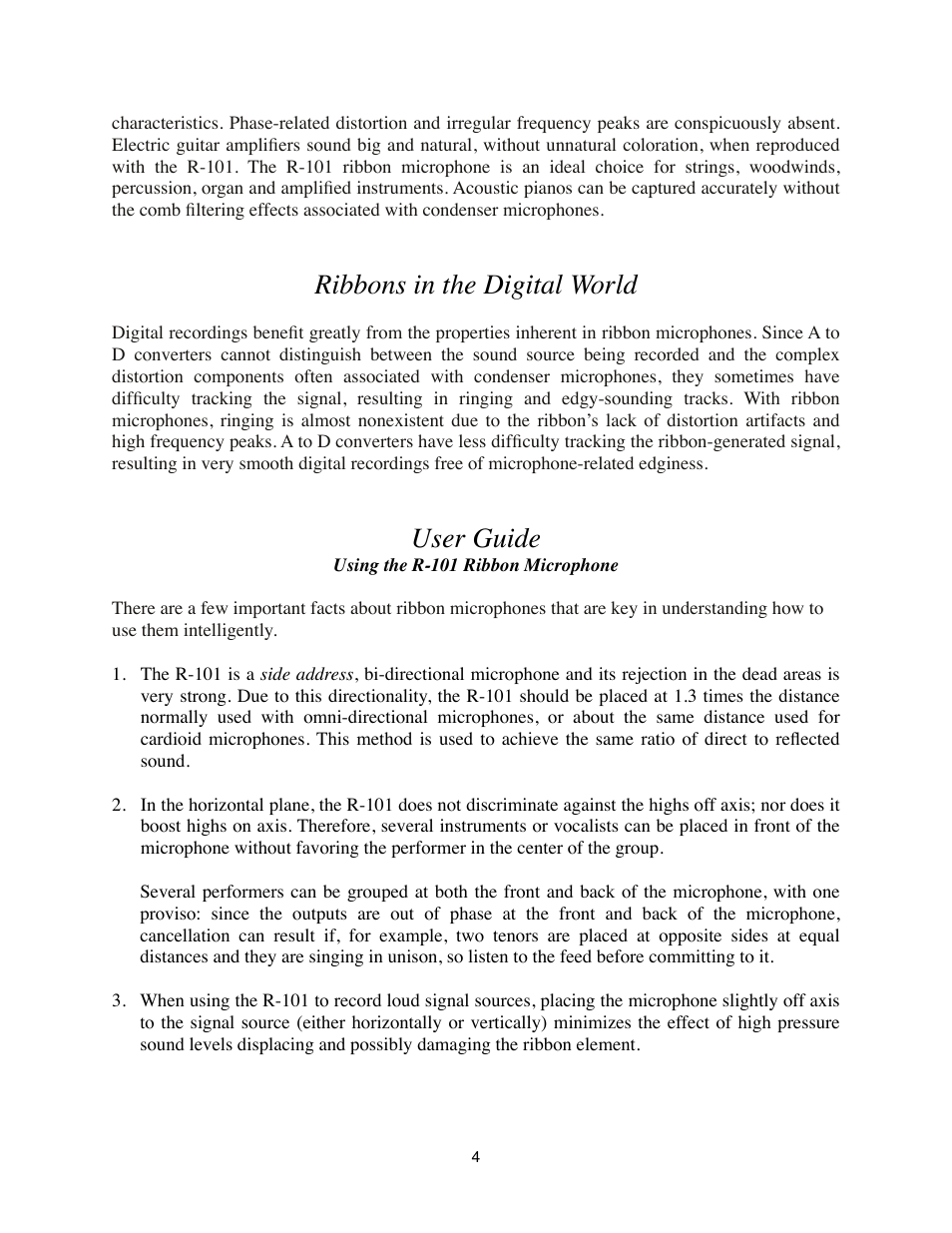 Ribbons in the digital world, User guide, Using the r-101 ribbon microphone | Royer Labs R-101 User Manual | Page 4 / 19