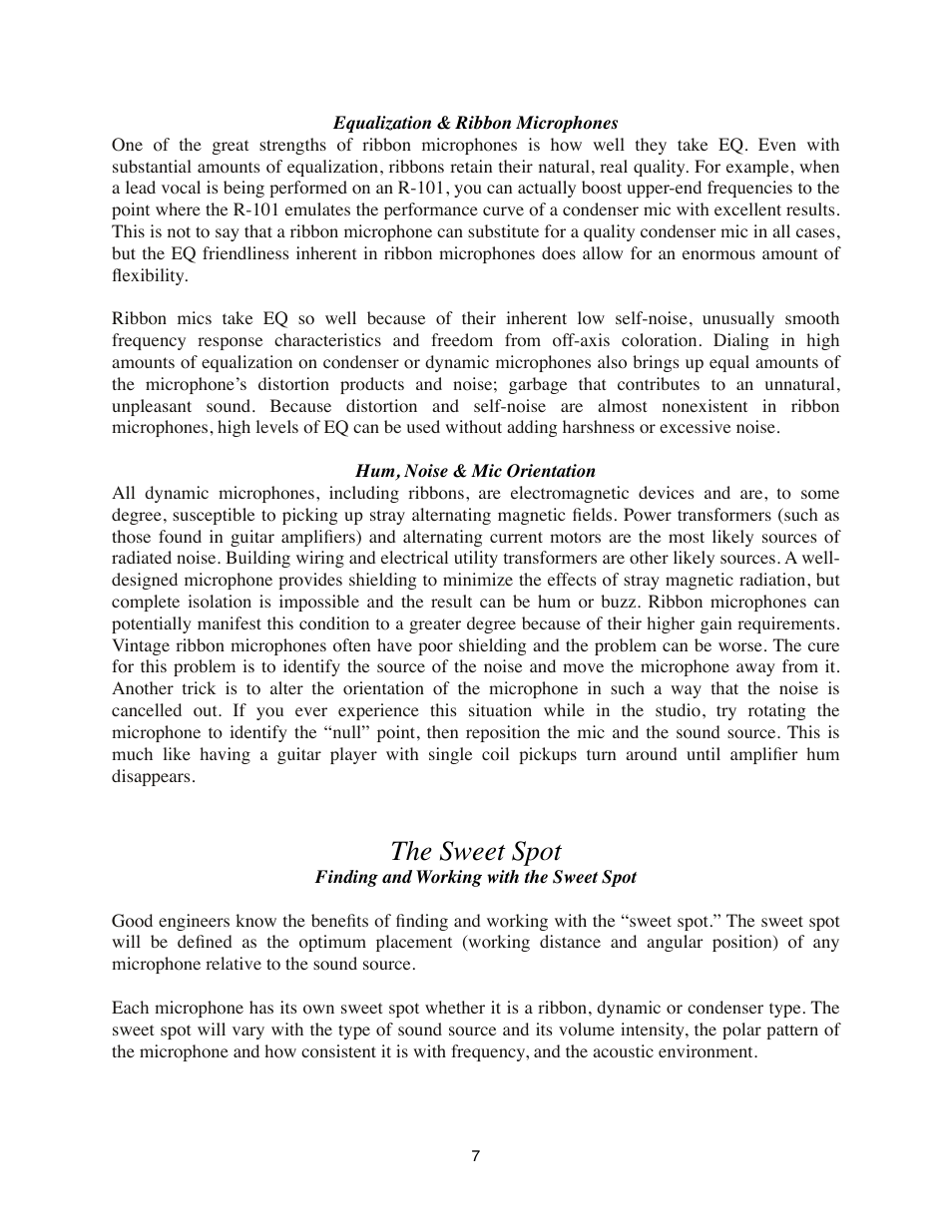 Equalization & ribbon microphones, Hum, noise & mic orientation, The sweet spot | Finding and working with the sweet spot | Royer Labs R-101 User Manual | Page 7 / 19