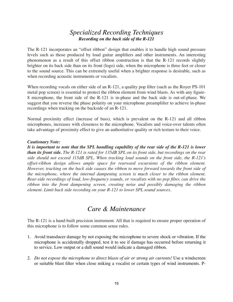 Specialized recording techniques, Recording on the back side of the r-121, Care & maintenance | Royer Labs R-121 User Manual | Page 15 / 19