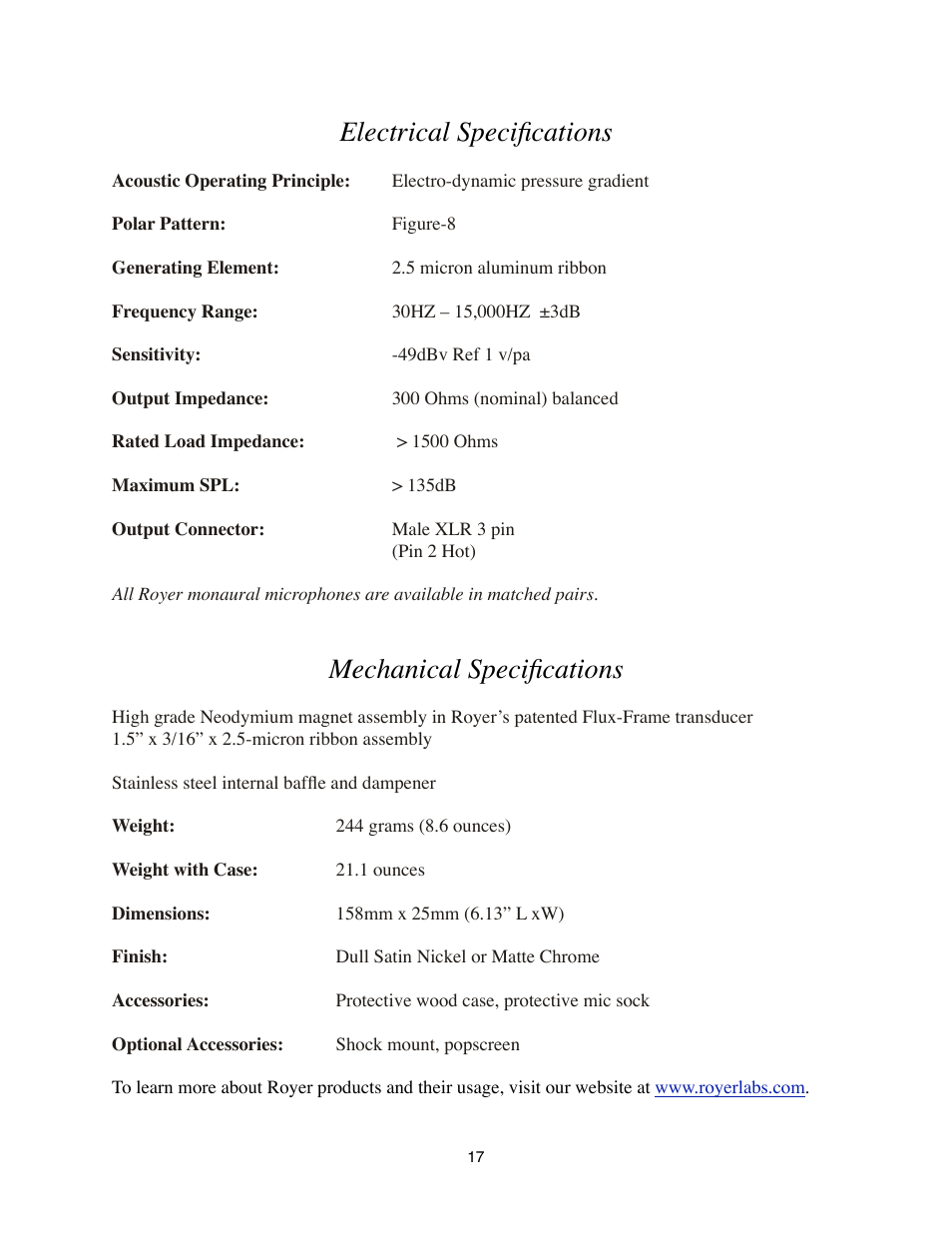 Electrical specifications, Mechanical specifications | Royer Labs R-121 User Manual | Page 17 / 19