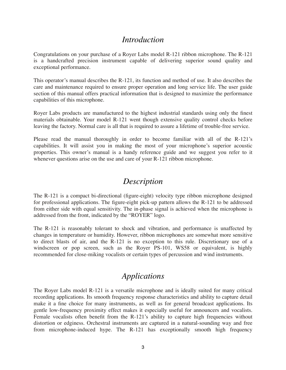 Introduction, Description, Applications | Royer Labs R-121 User Manual | Page 3 / 19