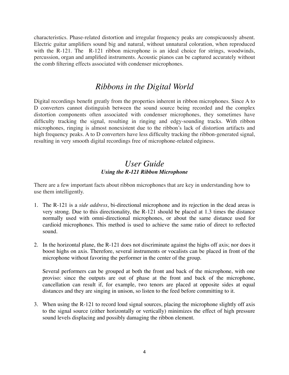 Ribbons in the digital world, User guide, Using the r-121 ribbon microphone | Royer Labs R-121 User Manual | Page 4 / 19